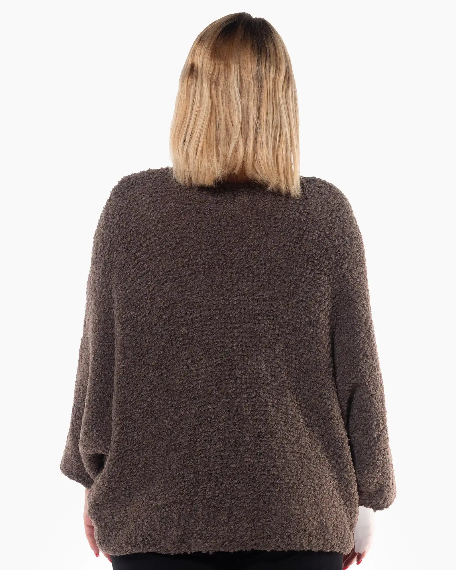 Pulover casual maro oversize cu textură pufoasă și decolteu în V [1]
