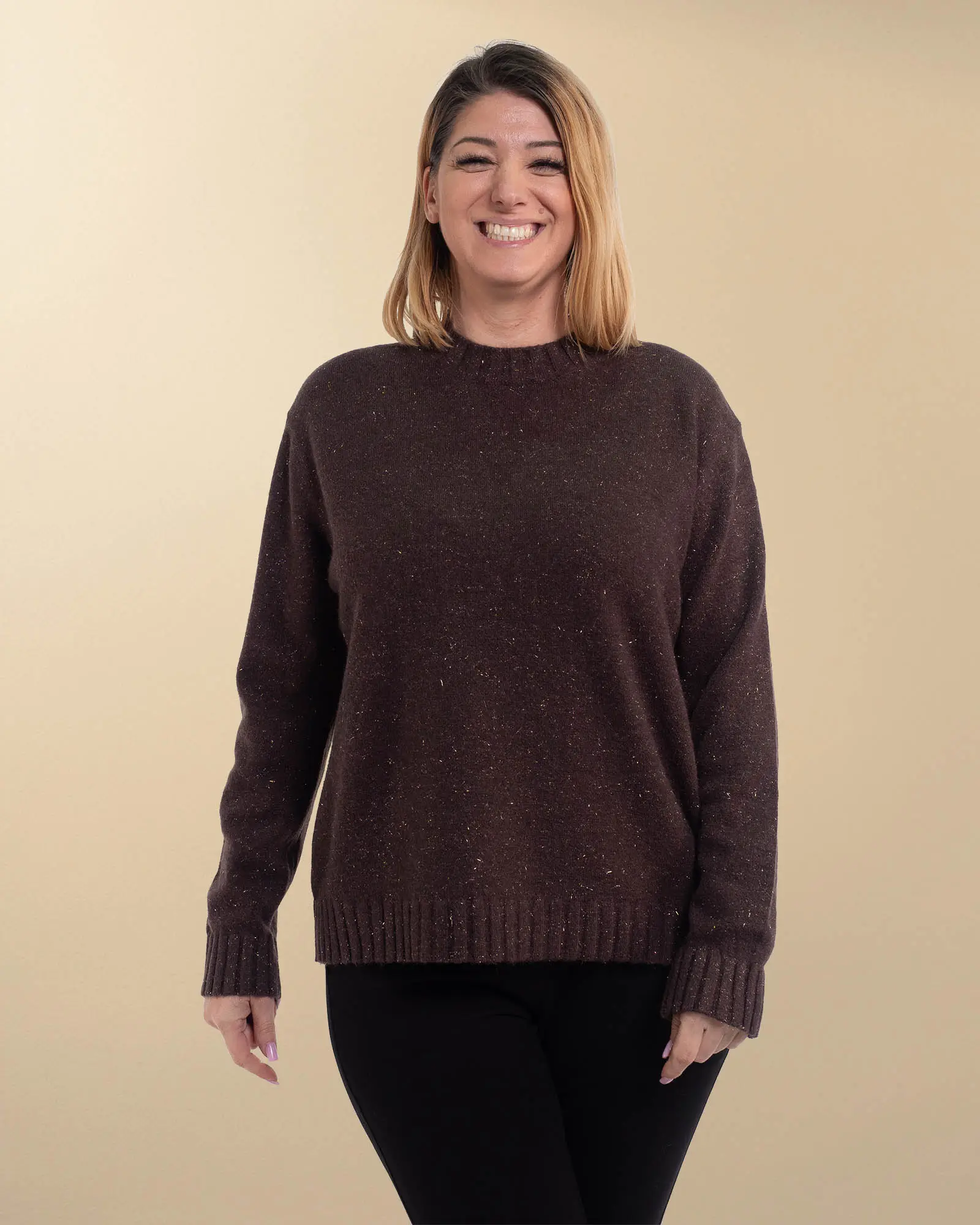 Pulovere - Pulover casual maro tricotat cu reflexii prețioase