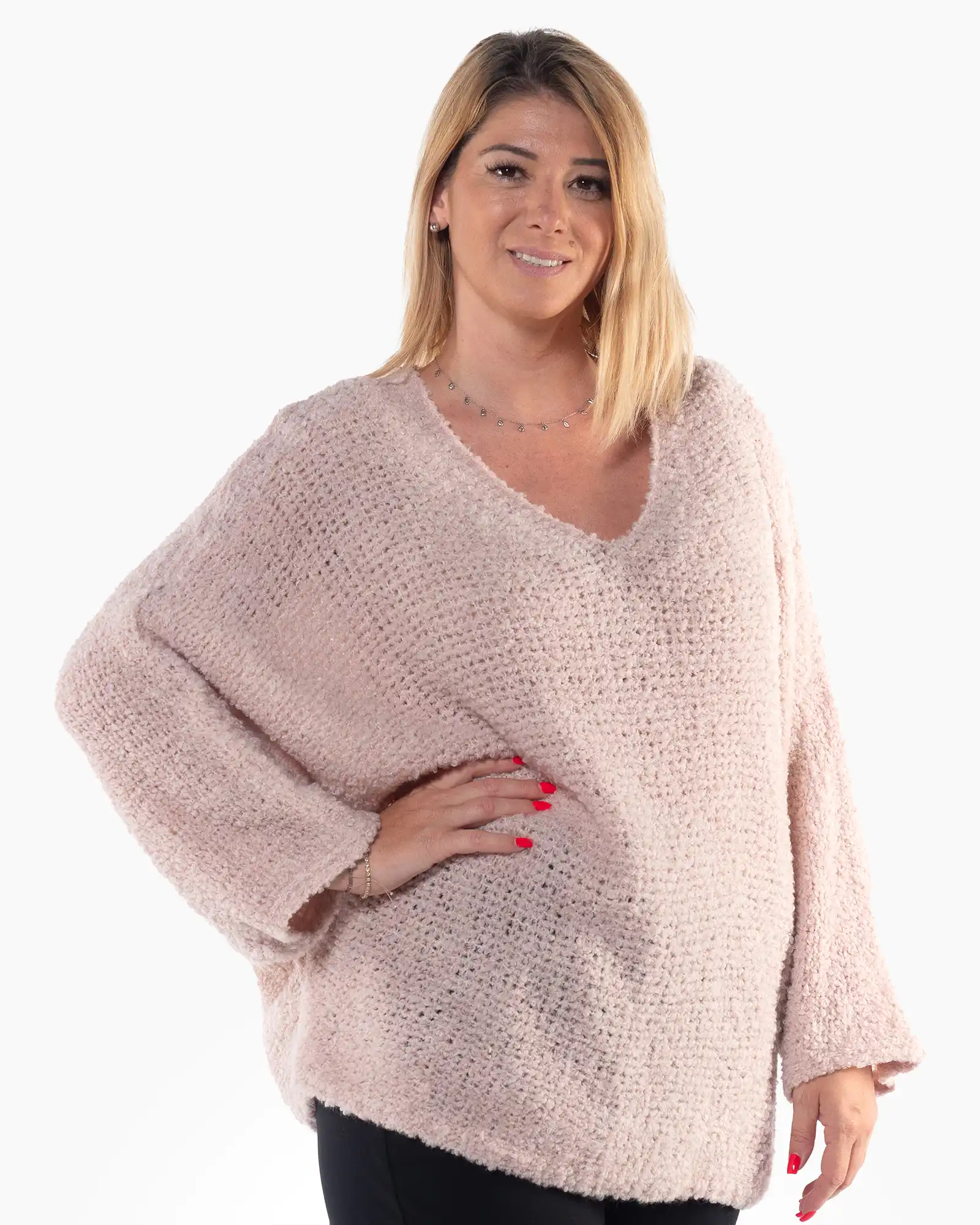 Pulover casual roz pudrat cu design lejer și mâneci batwing [2]