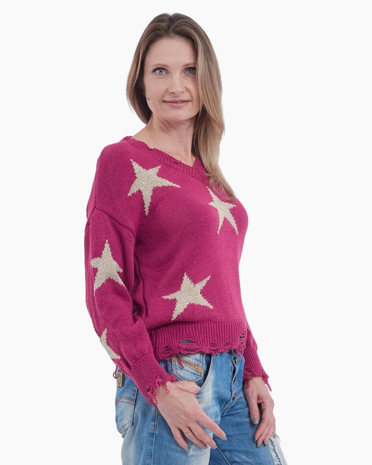 Pulovere Casual - Pulover ciclam tricotat cu detalii "stea"