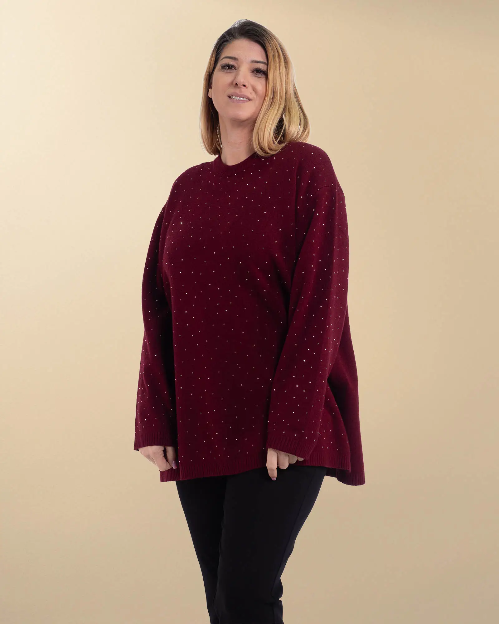 Pulover grena moale tip tunică cu strasuri delicate [2]