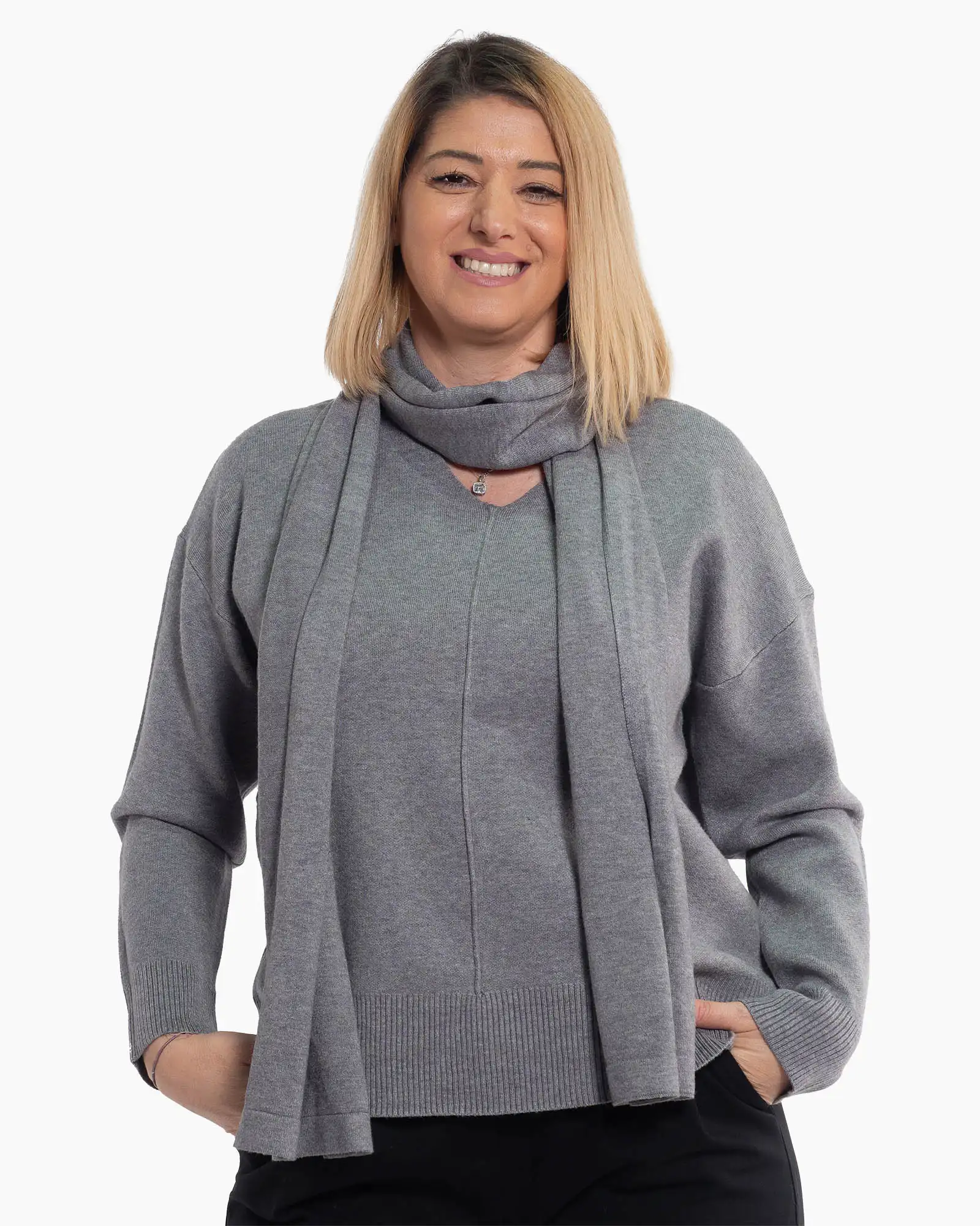 Produse noi - Pulover gri casual cu umeri căzuți și decolteu în V
