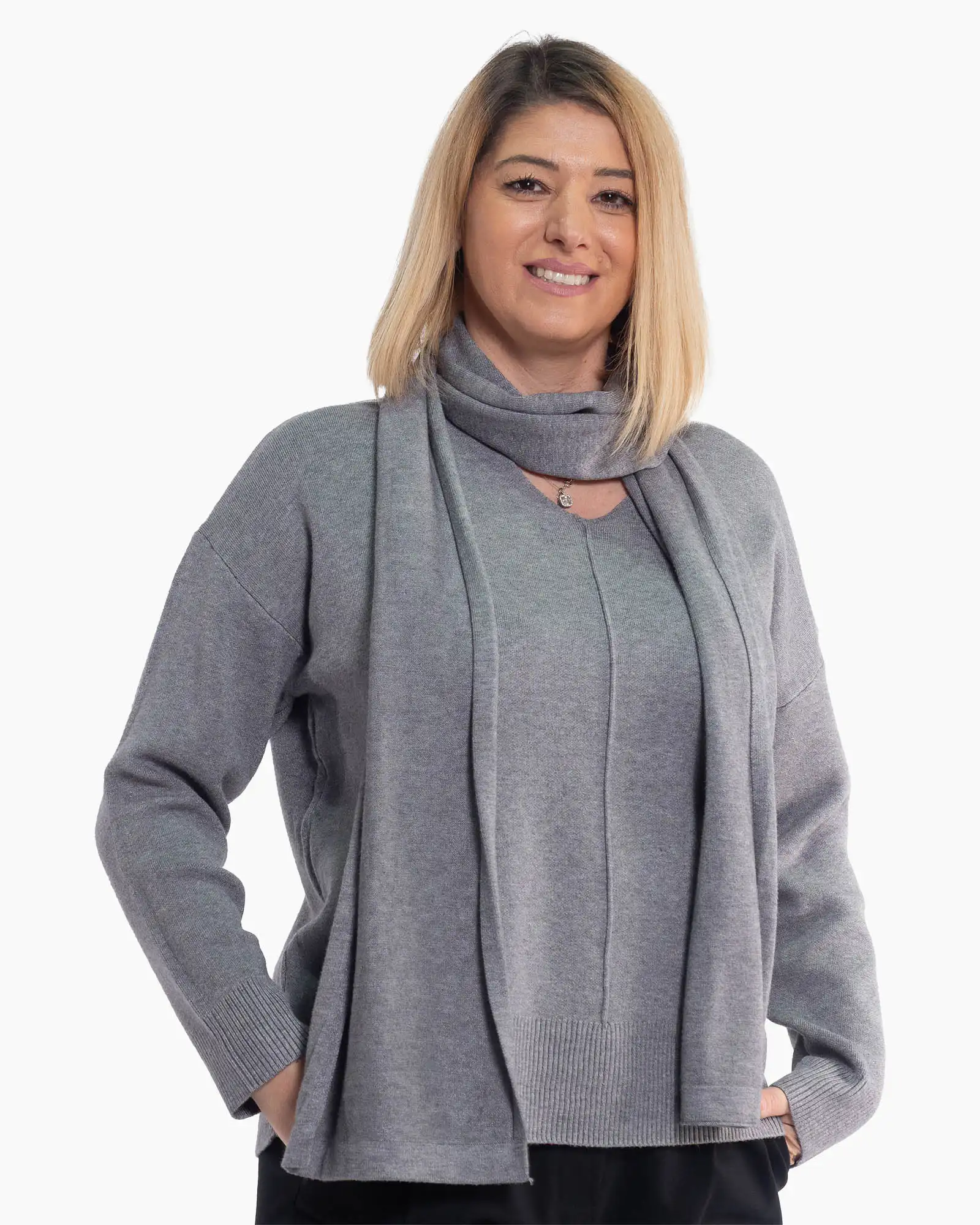 Pulover gri casual cu umeri căzuți și decolteu în V [2]