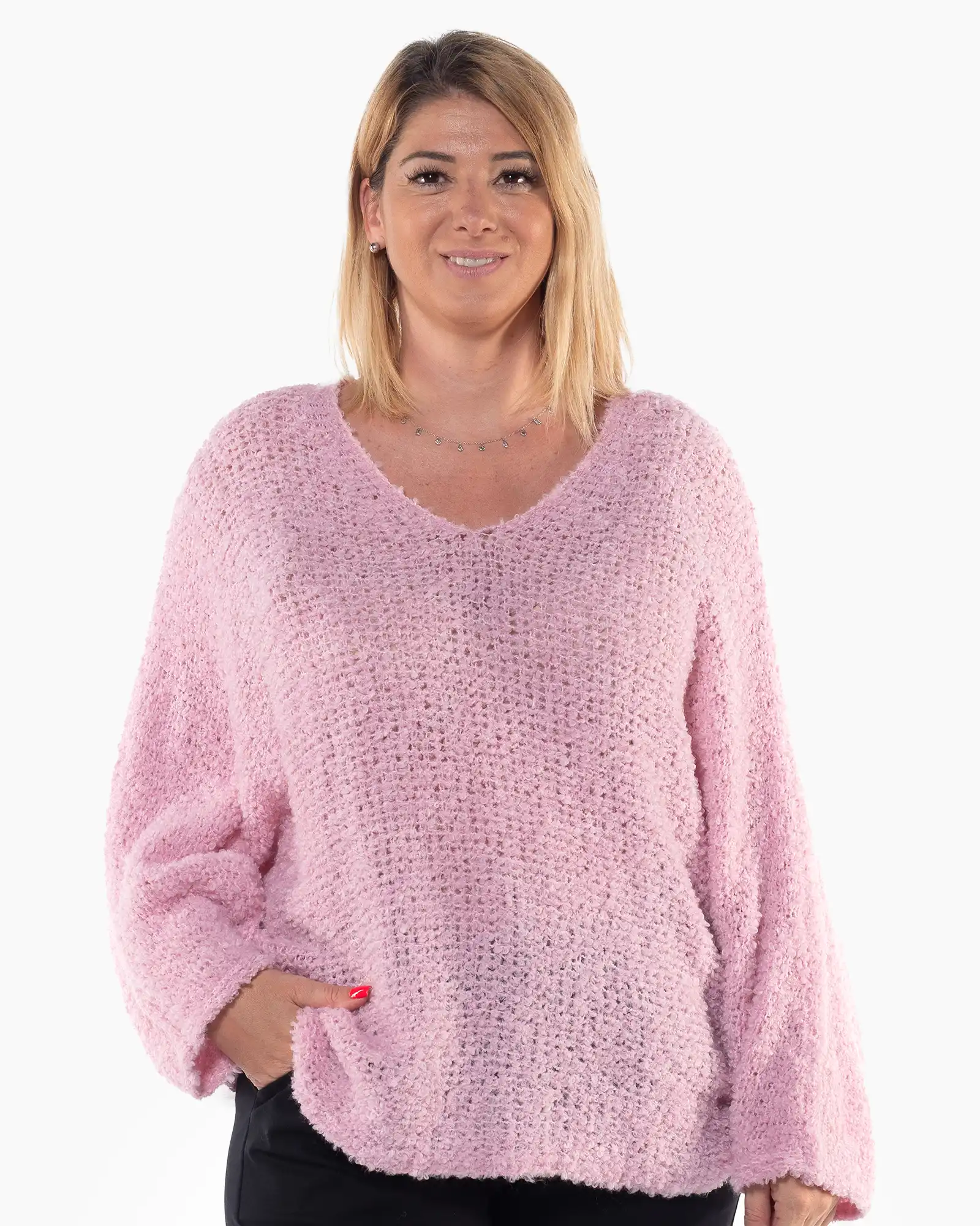 Pulovere - Pulover lejer roz pufos cu decolteu în V și design oversize