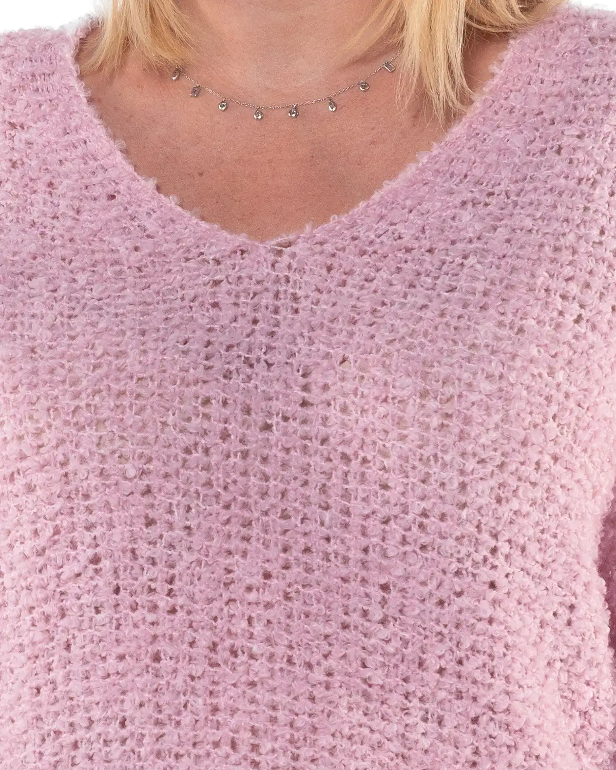Pulover lejer roz pufos cu decolteu în V și design oversize [3]