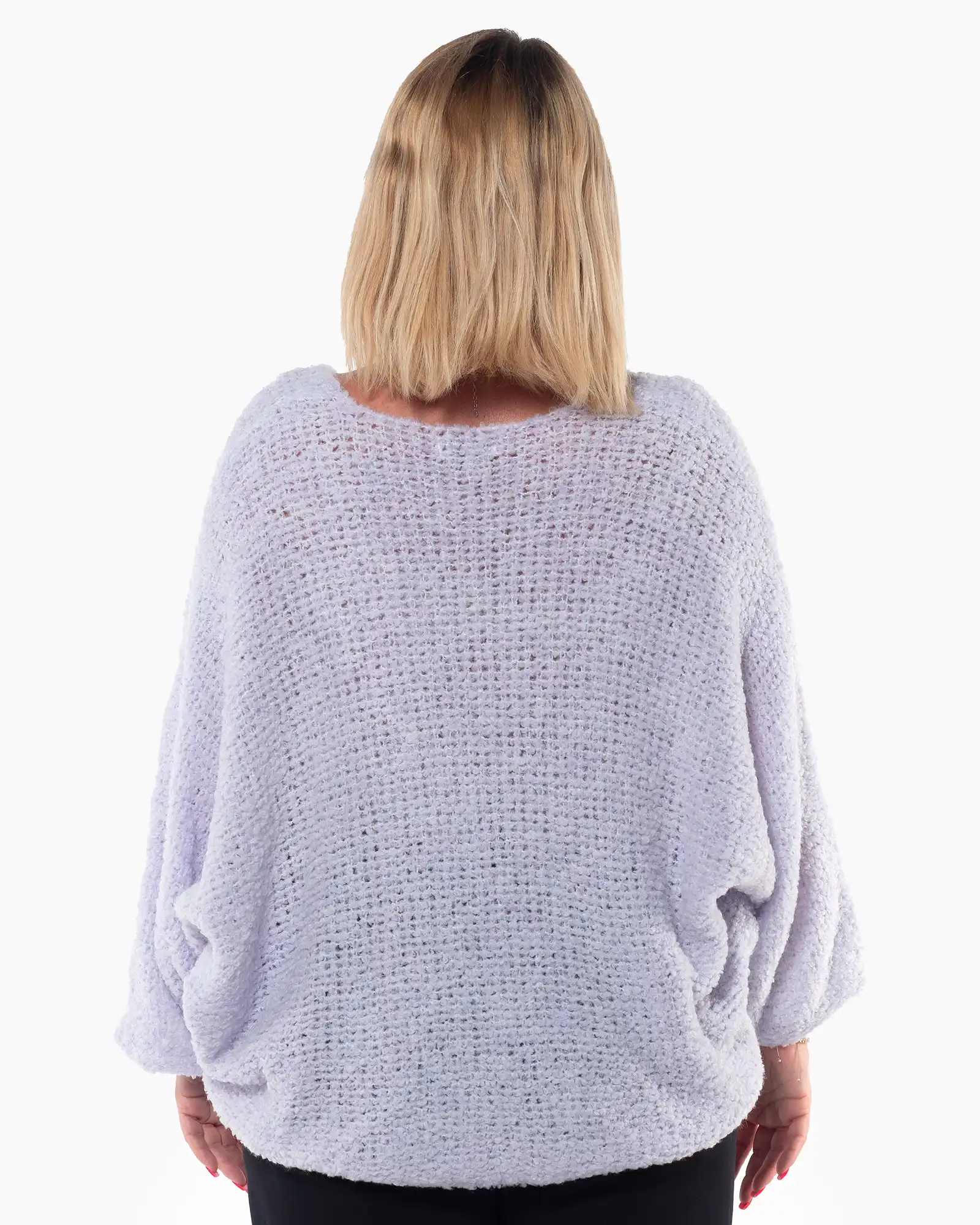 Pulover lila pufos cu croială lejeră oversize și decolteu în V [1]