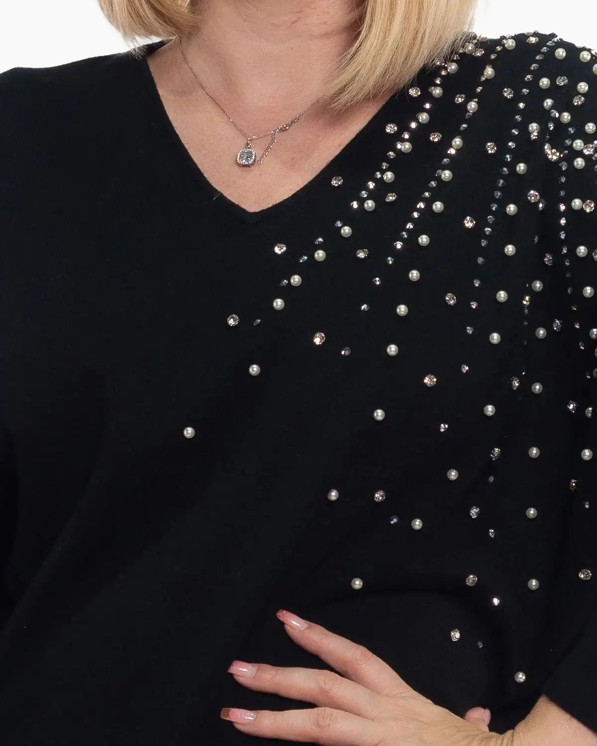 Pulover negru elegant tip tunică cu detalii prețioase pe umăr [3]