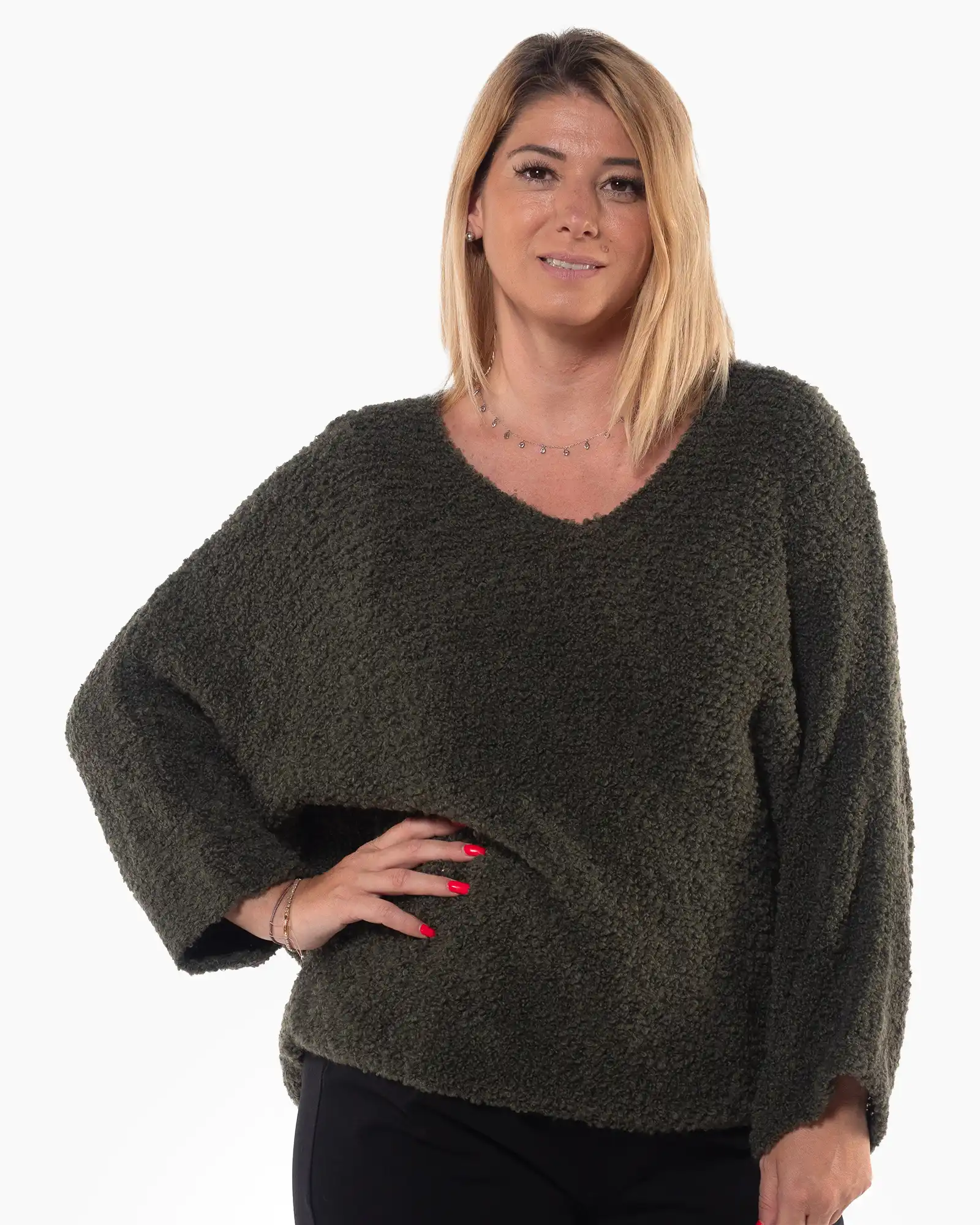 Pulover oversize pufos kaki cu decolteu în V [2]