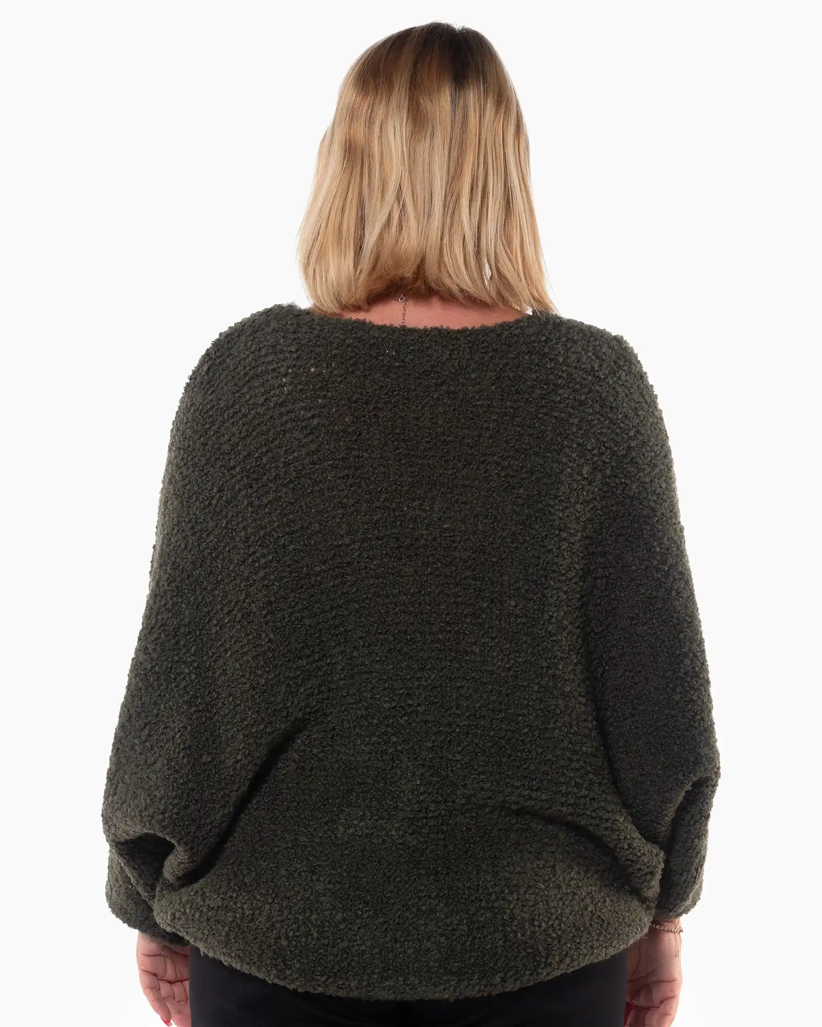 Pulover oversize pufos kaki cu decolteu în V [1]
