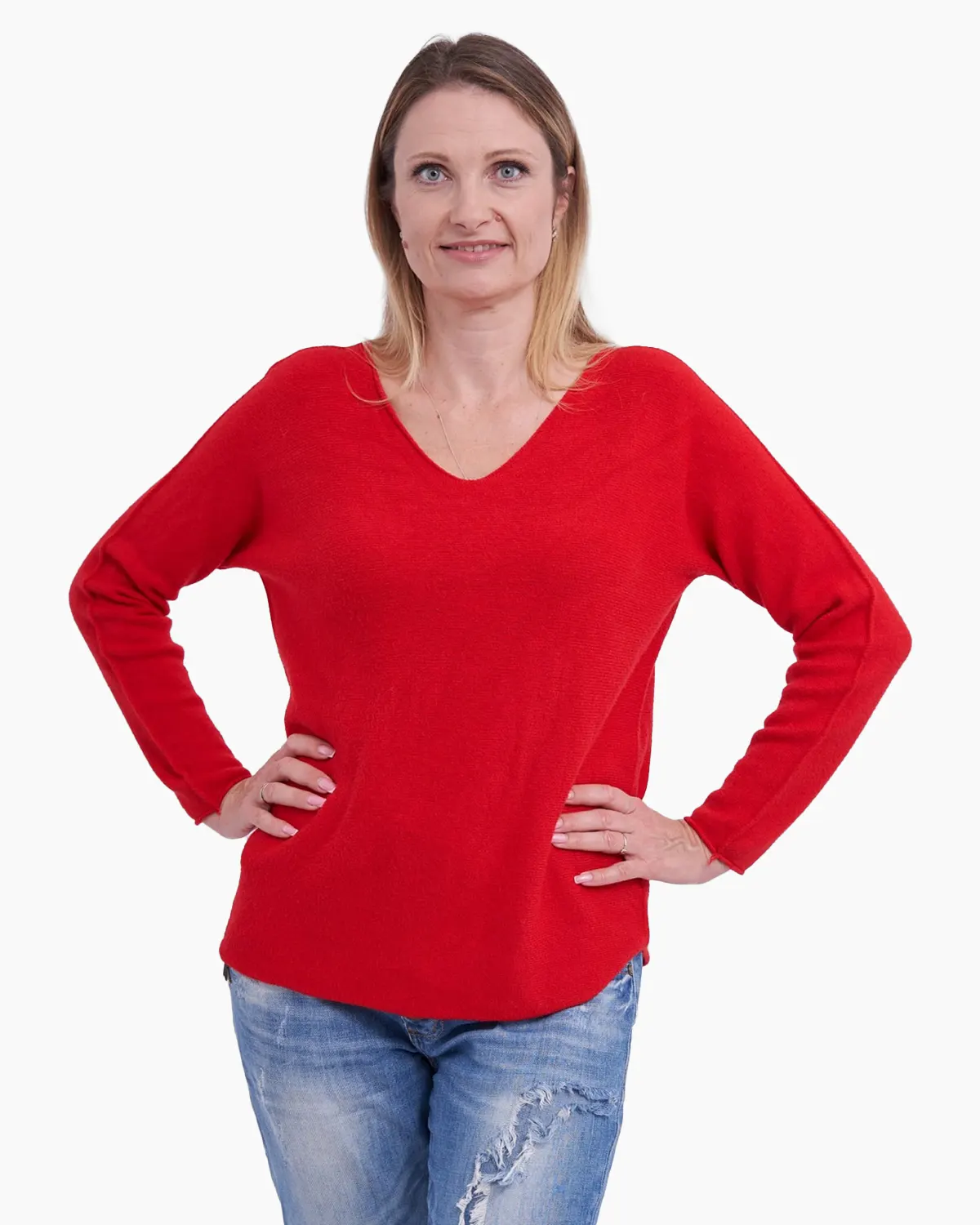 Pulovere Casual - Pulover rosu clasic cu decolteu in V