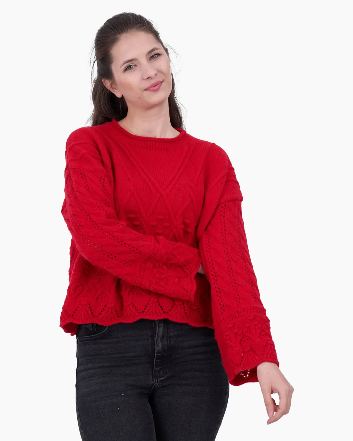 Pulovere Casual - Pulover rosu dama cu aspect dublu