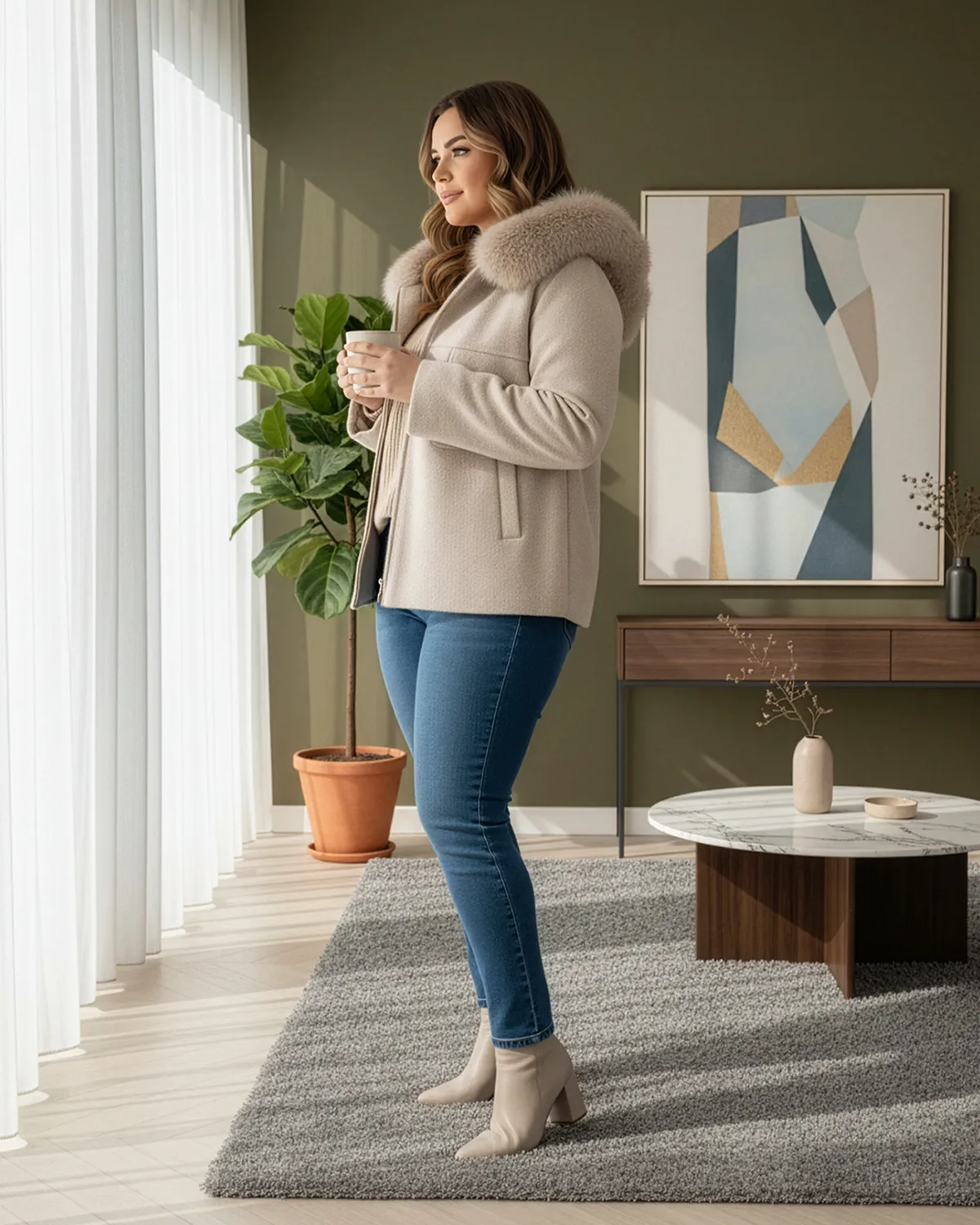 Jachetă scurtă vâscoză angora cu glugă și blană artificială [3]