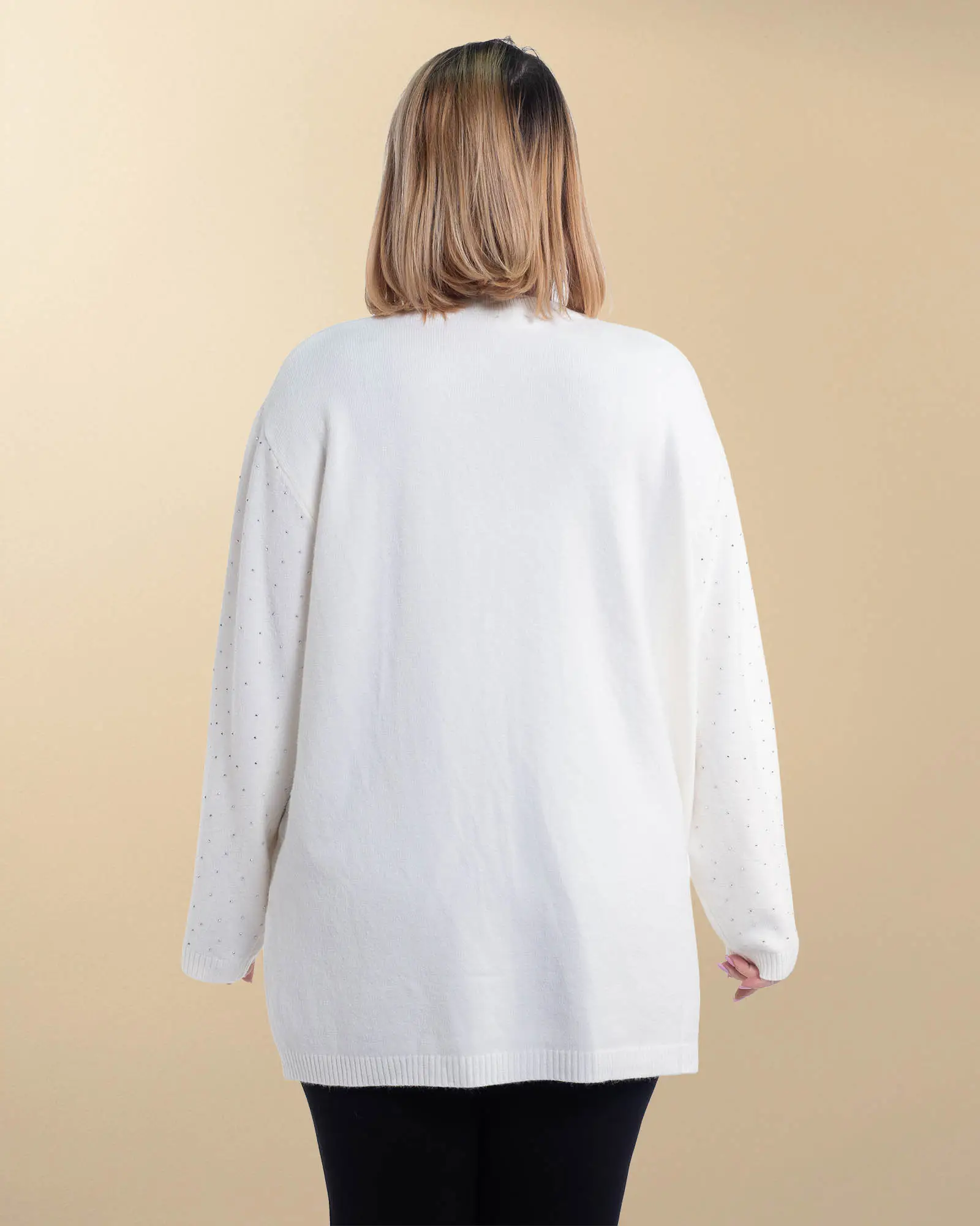 Pulover tunică elegant tricotat alb cu aplicații de strasuri [1]