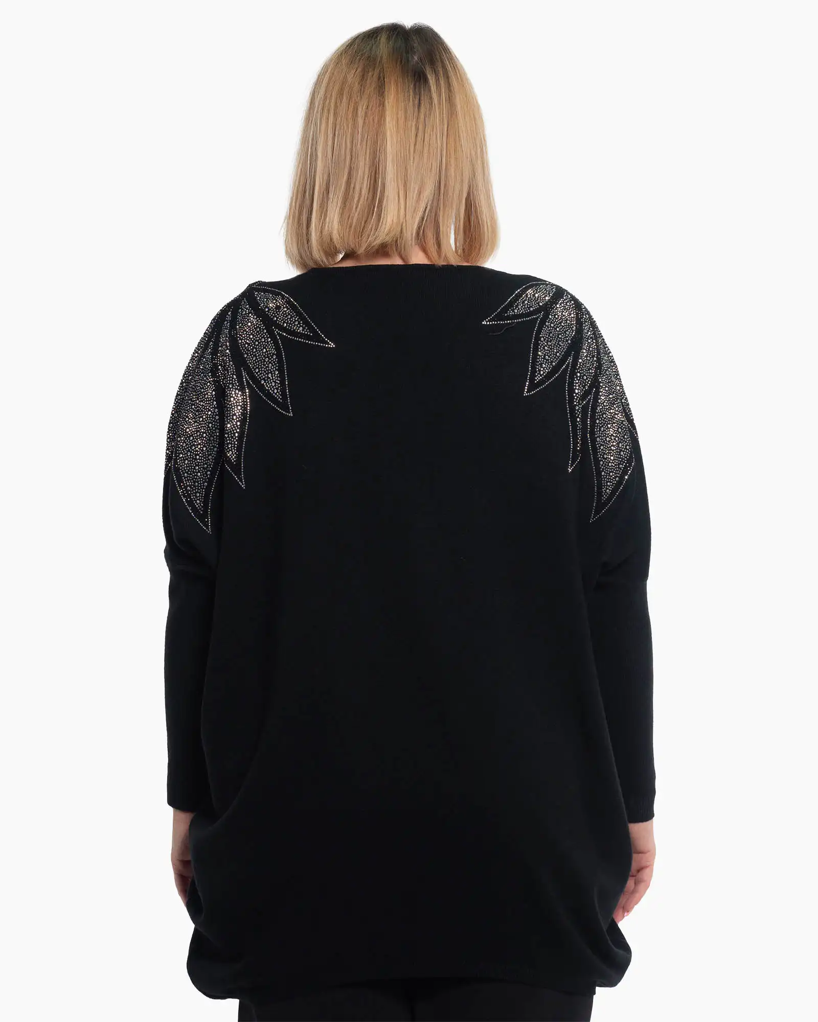 Pulover tunică negru cu flori prețioase și mâneci kimono [1]