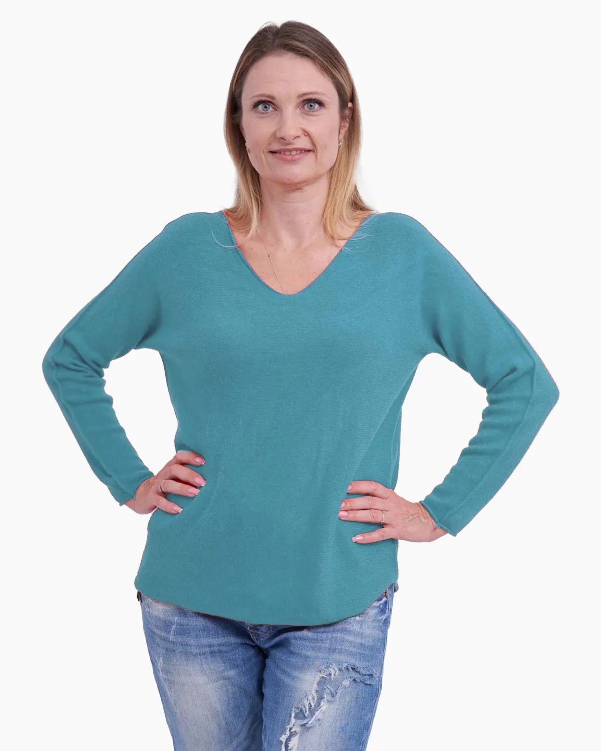Pulovere Casual - Pulover Turcoaz clasic cu decolteu in V