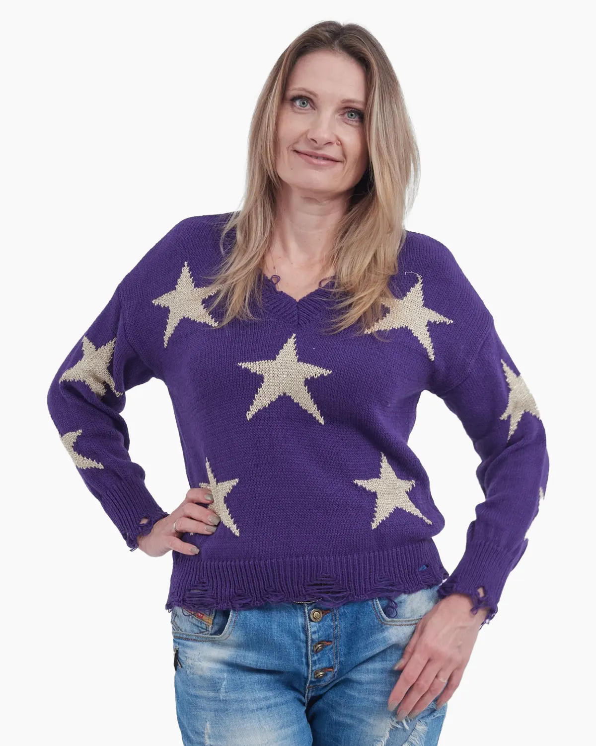 Pulovere Casual - Pulover violet tricotat cu detalii "stea"