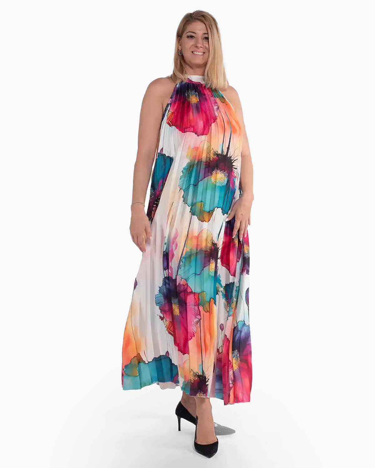 Rochie albă amplă plisată cu imprimeu floral [3]