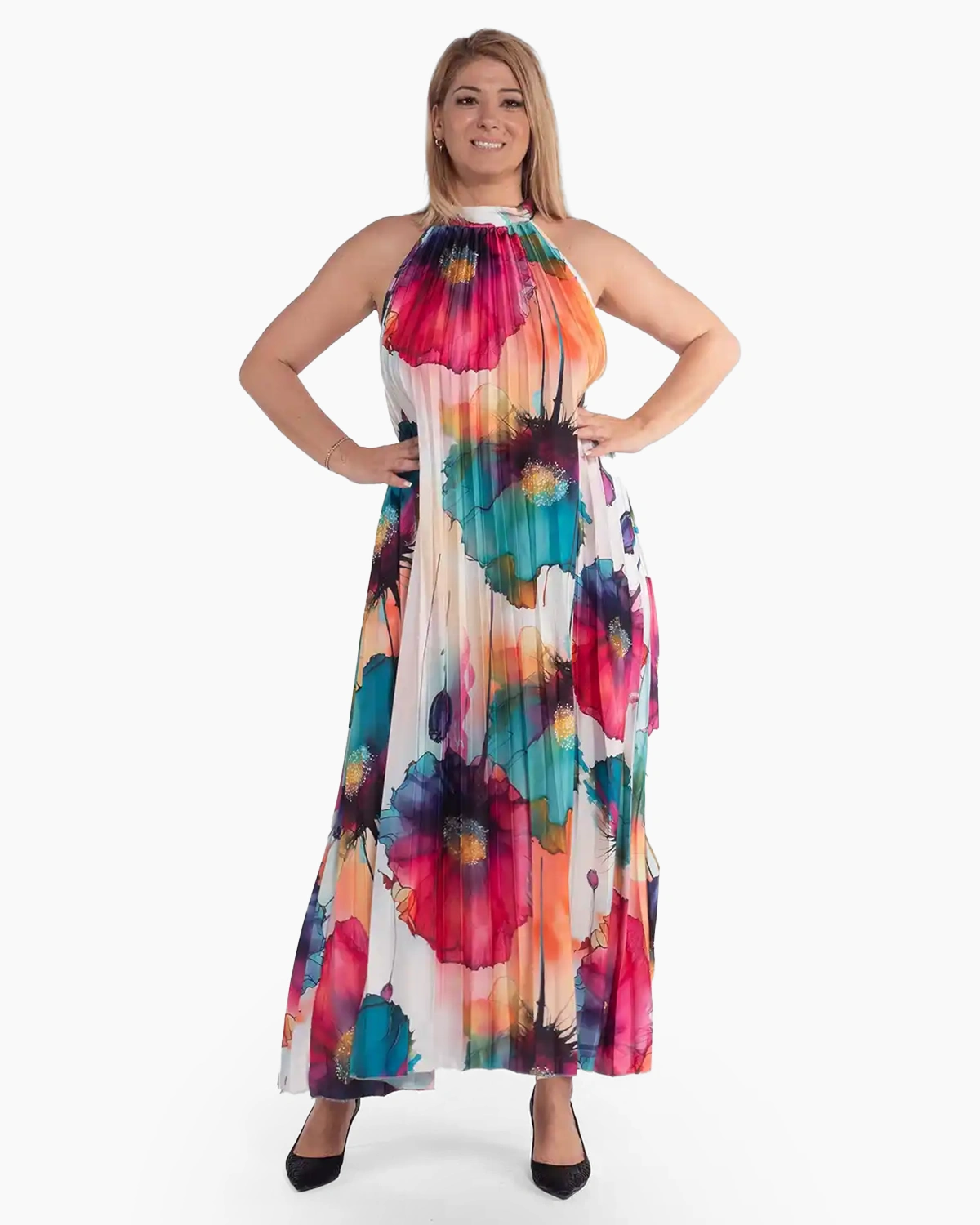 Rochii - Rochie albă amplă plisată cu imprimeu floral