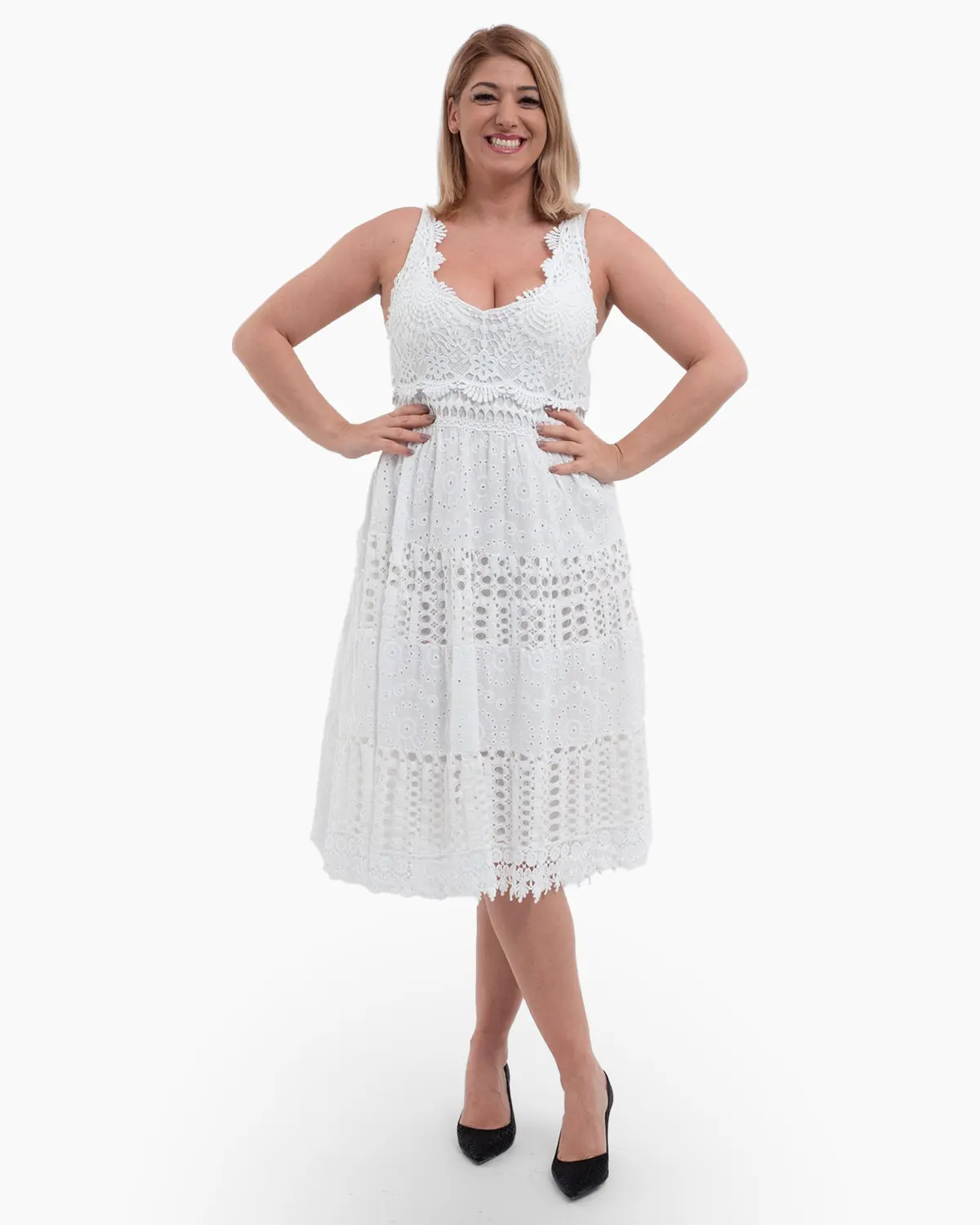 Rochii - Rochie alba midi dantelata