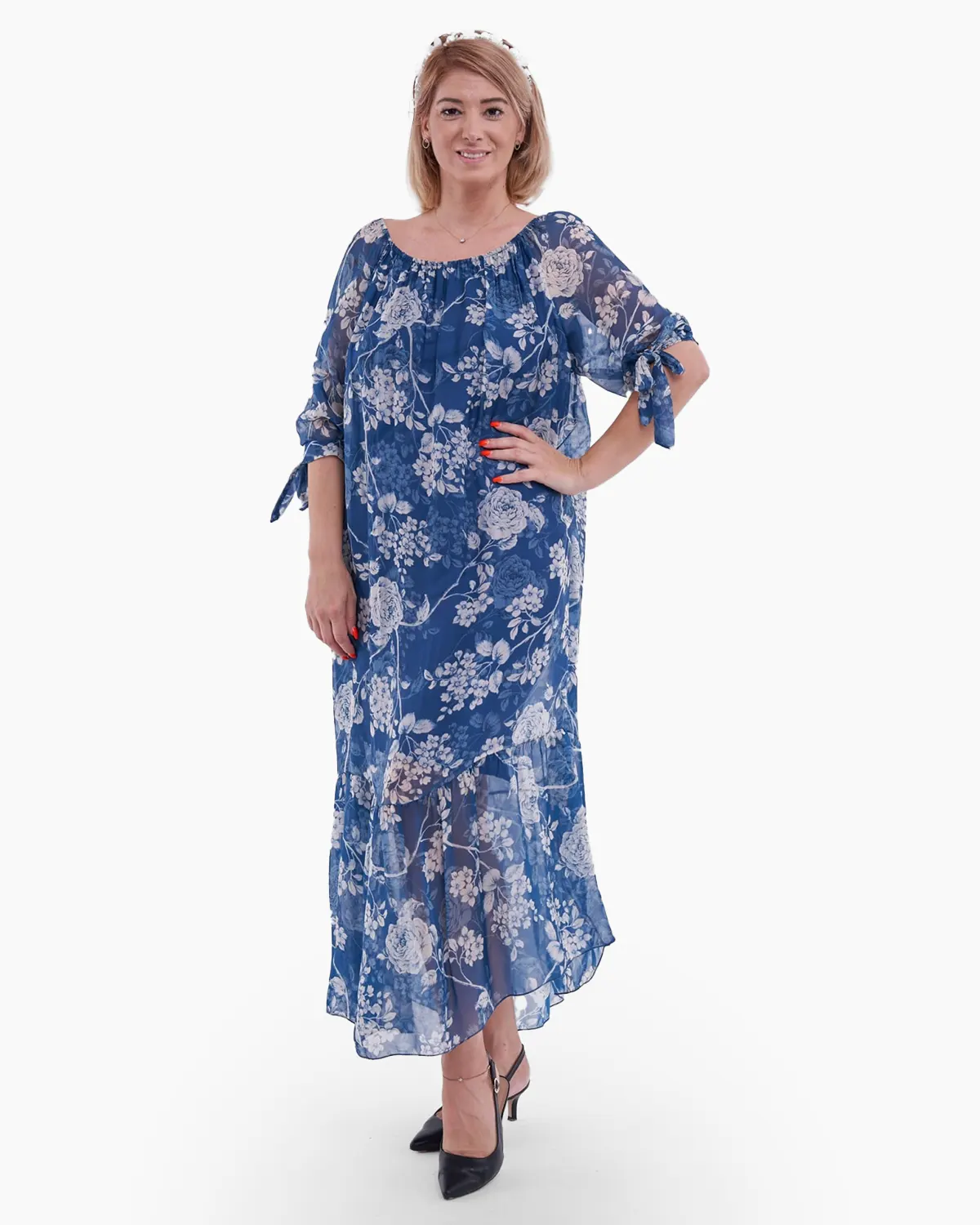Rochii din Mătase - Rochie albastra cu model trandafiri albi