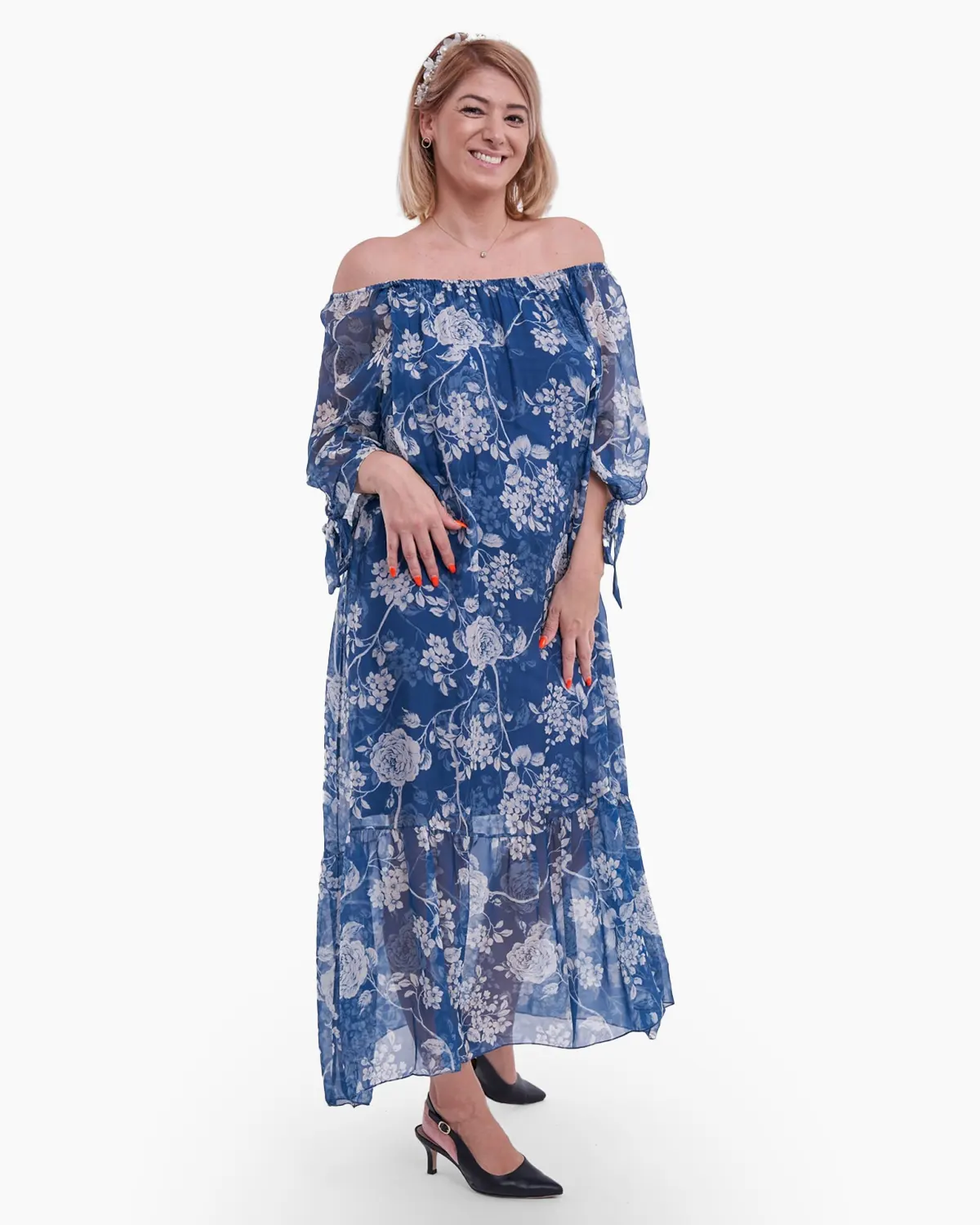 Rochie albastra cu model trandafiri albi [1]