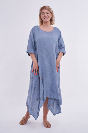 Rochii din In - Rochie albastra in doua colturi din in si floricele aplicate