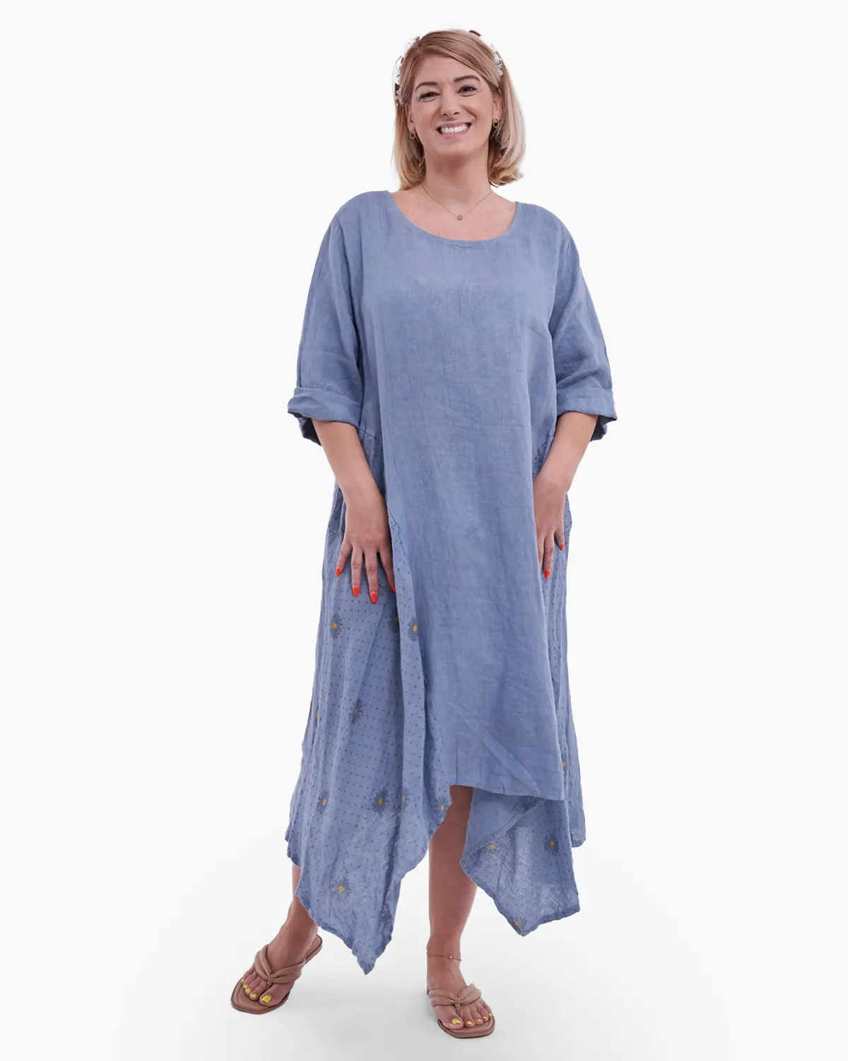 Rochii din In - Rochie albastra in doua colturi din in si floricele aplicate