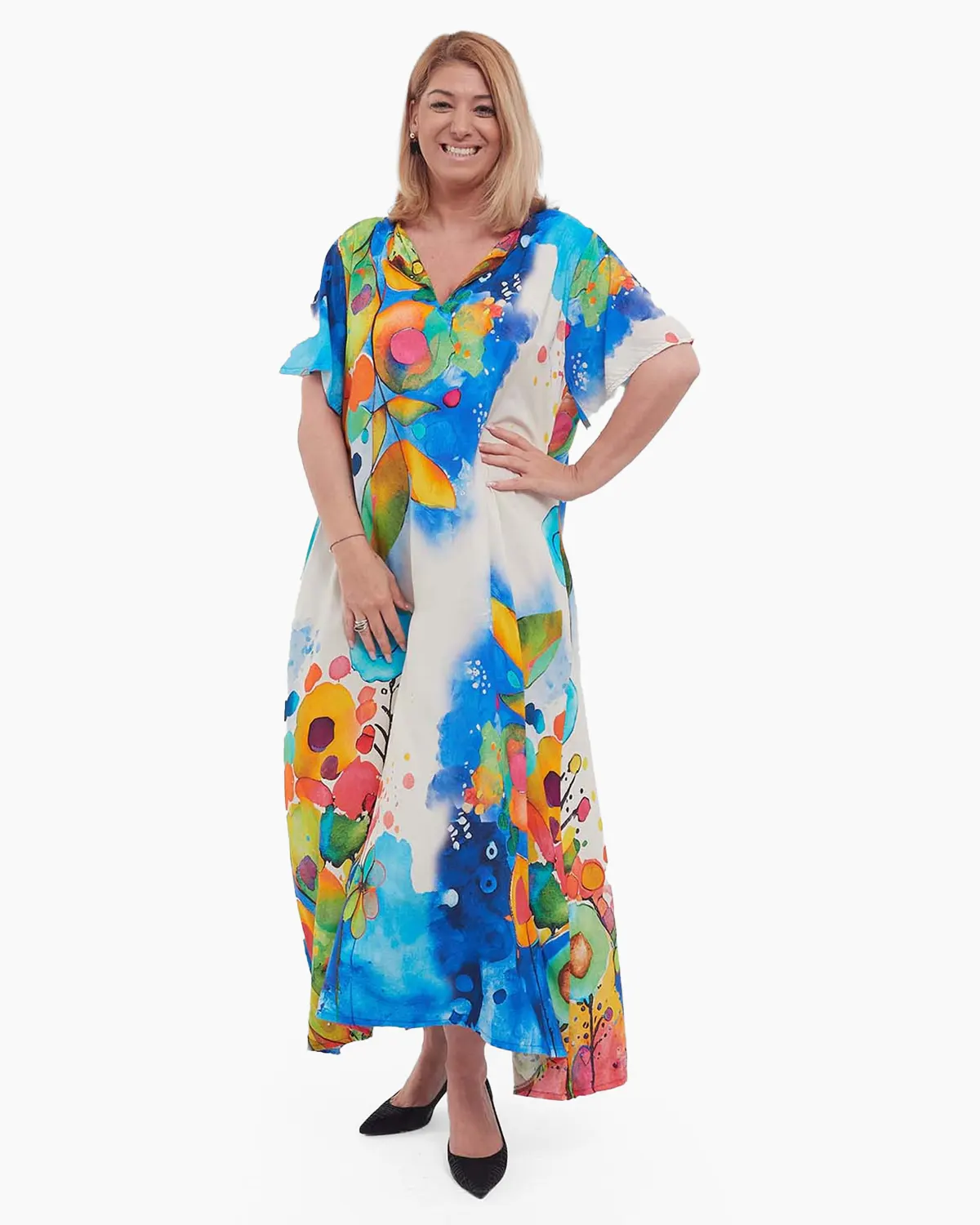 Rochii - Rochie albastră maxi smart casual cu imprimeu floral și umeri căzuți