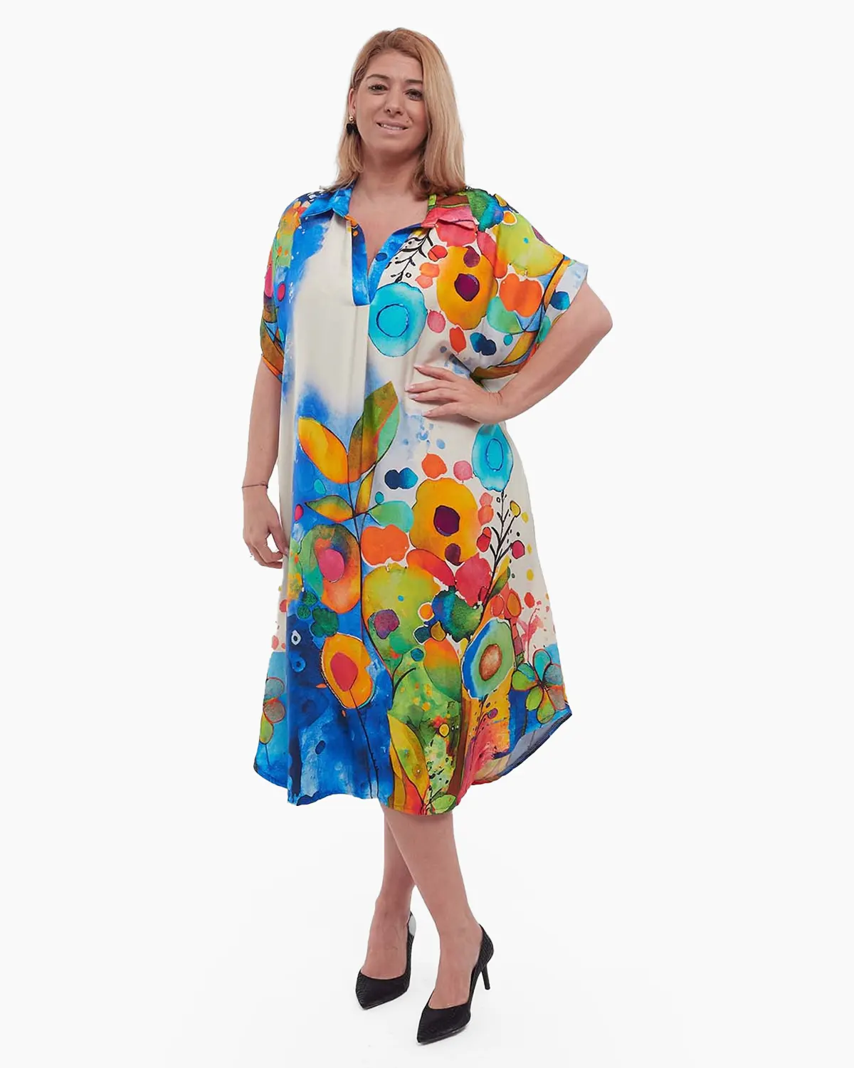 Rochii - Rochie albastră midi florală smart casual din vâscoză