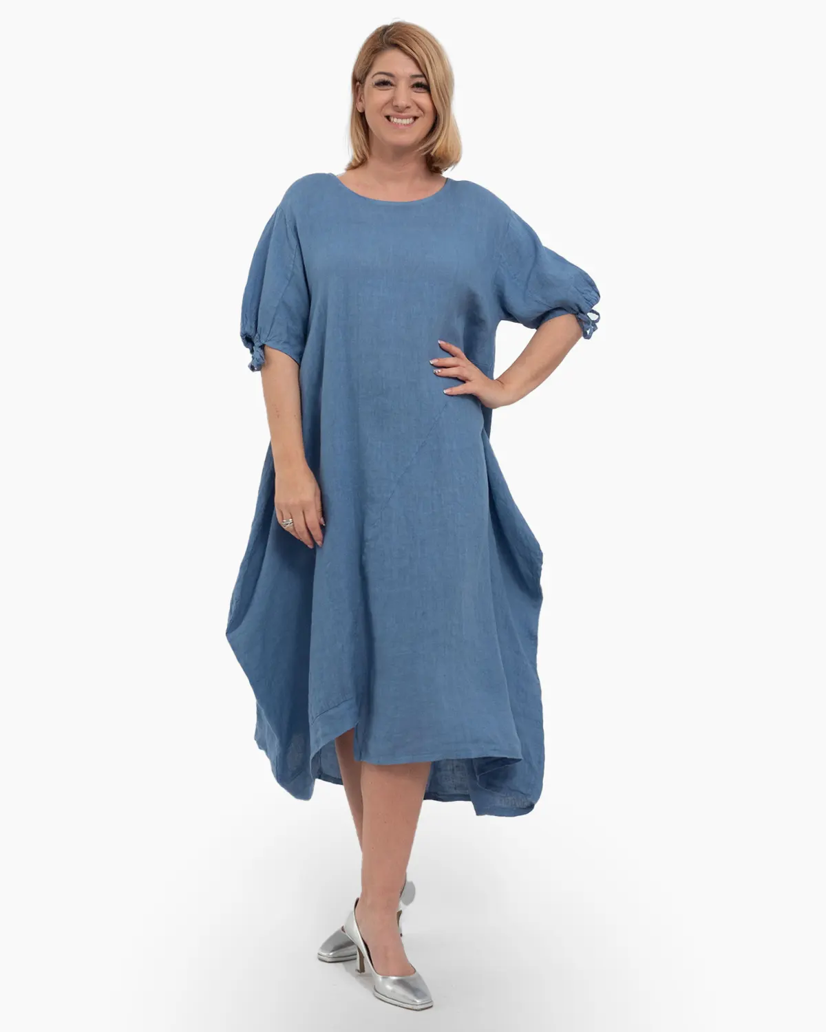 Rochii - Rochie asimetrică albastră din in cu șnur la mâneci