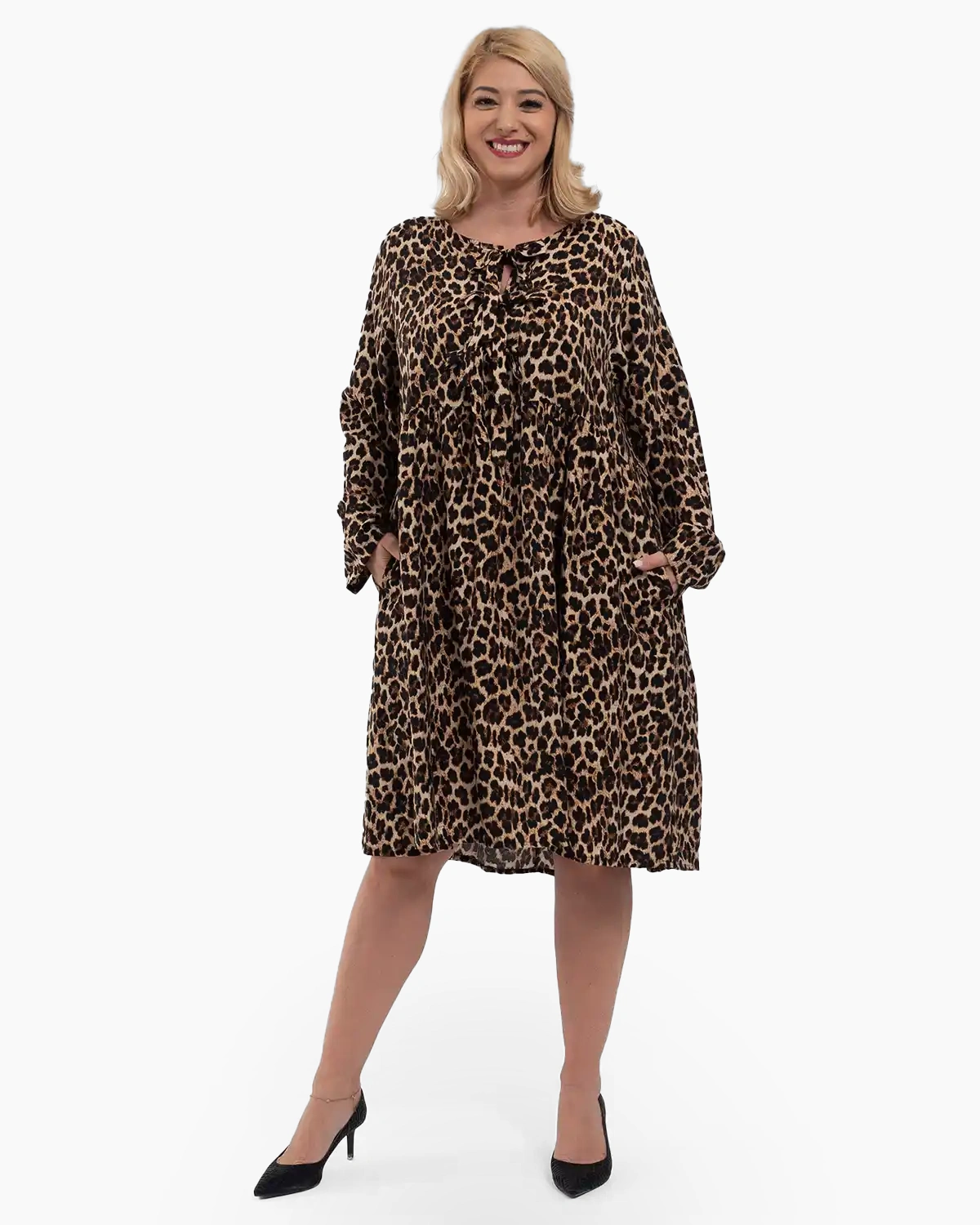 Rochii din Vâscoză - Rochie baby doll midi din viscoză imprimeu leopard