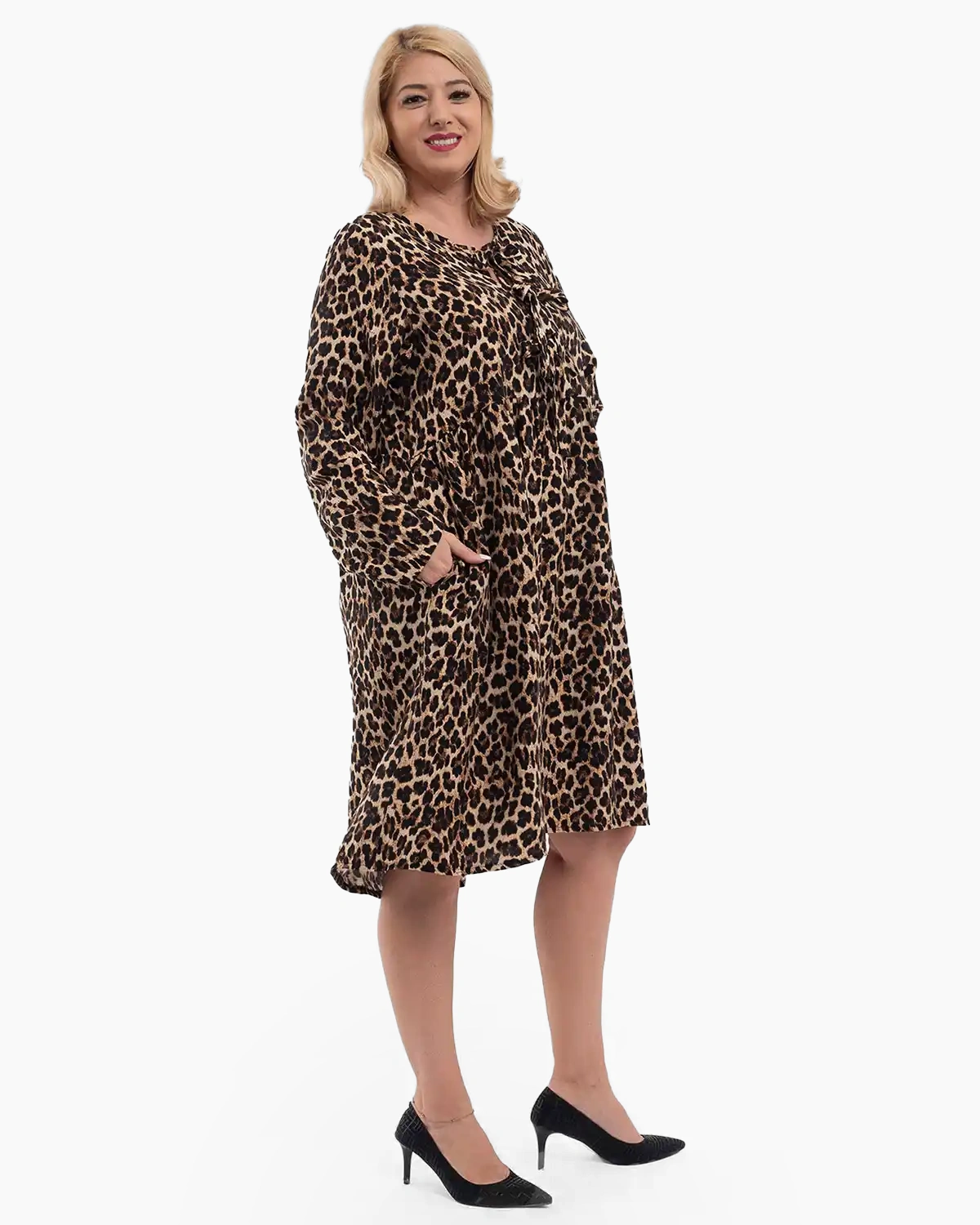 Rochie baby doll midi din viscoză imprimeu leopard [2]
