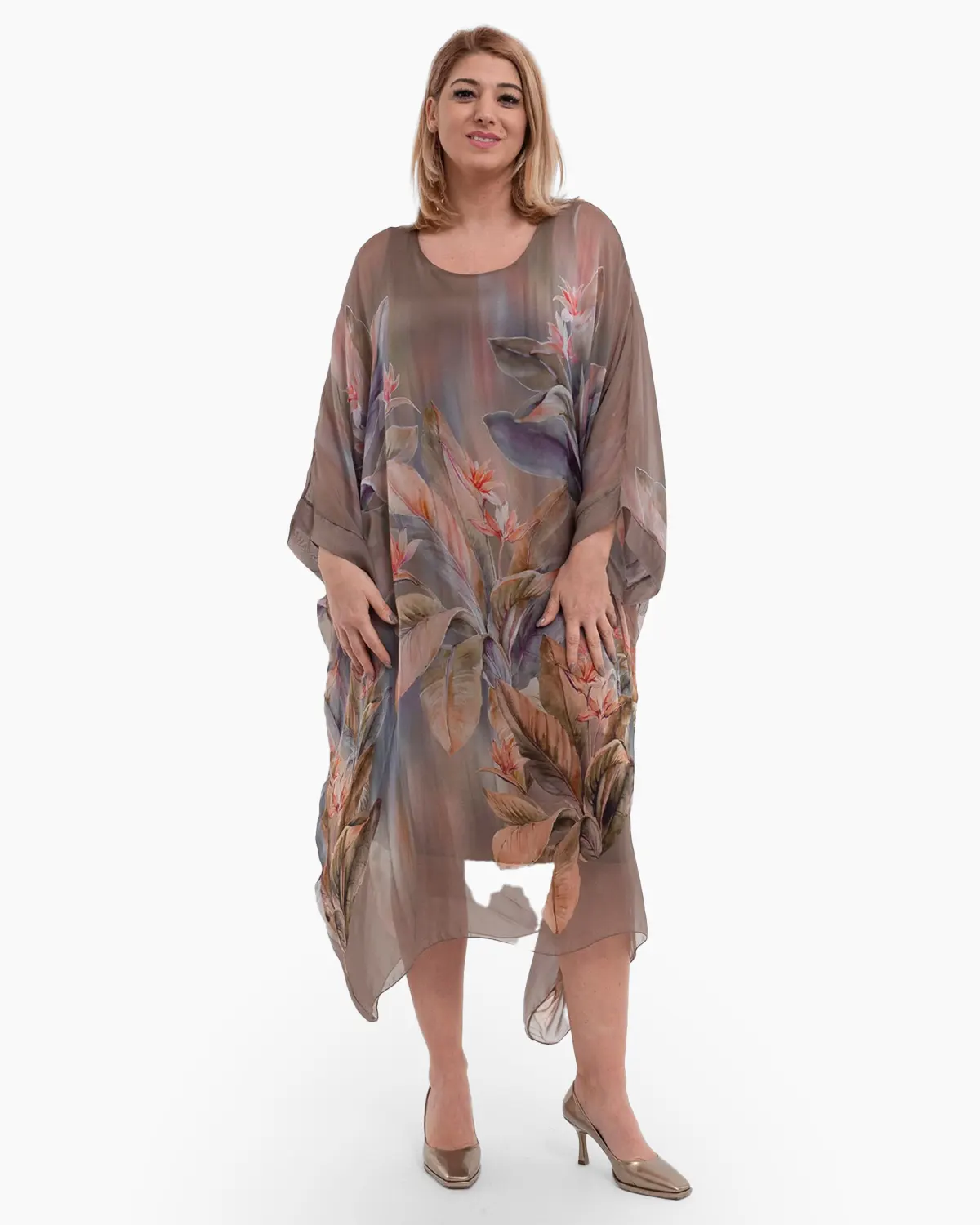 Rochii din Vâscoză - Rochie bej cu matase si imprimeu floral orange