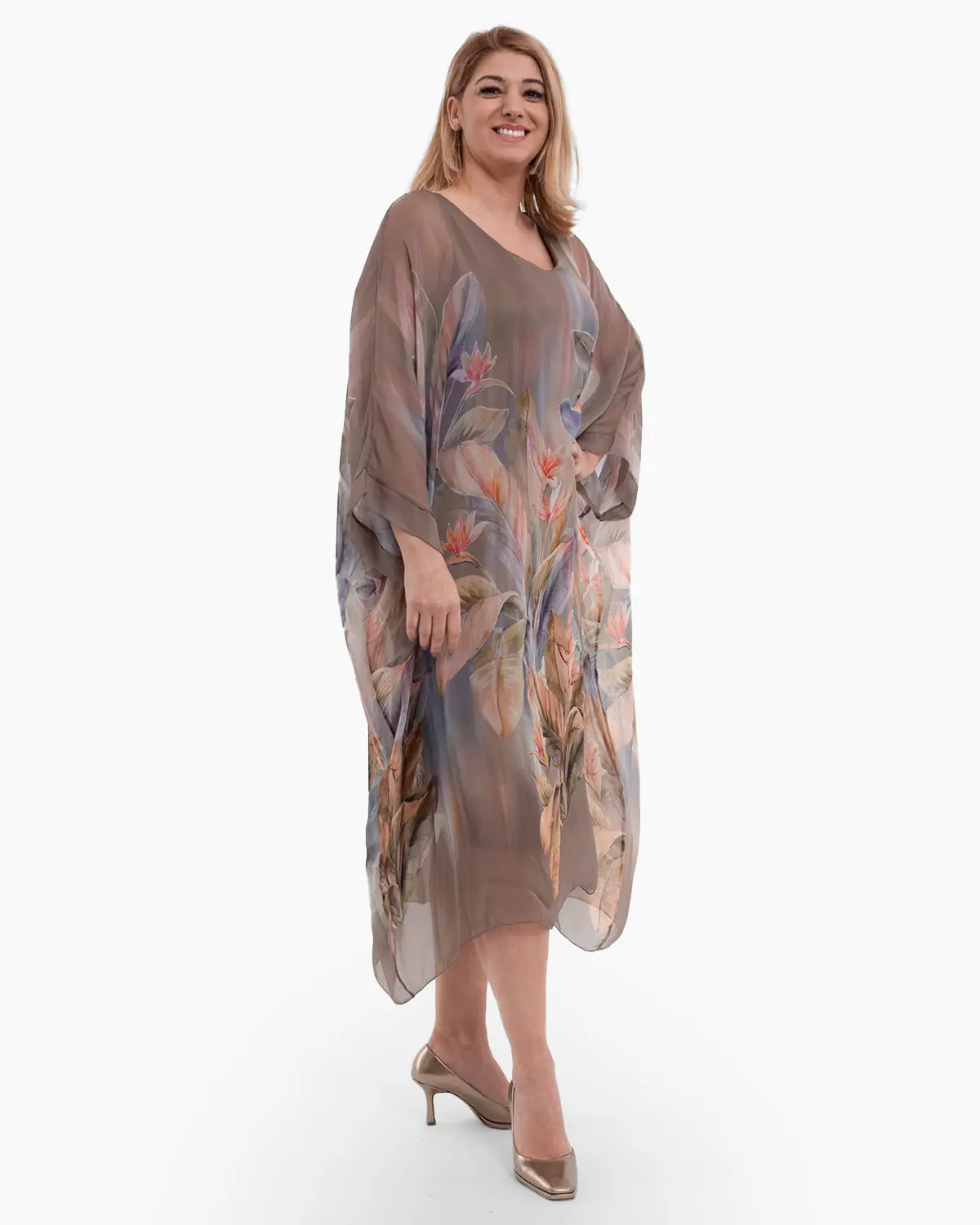 Rochie bej cu matase si imprimeu floral orange [2]