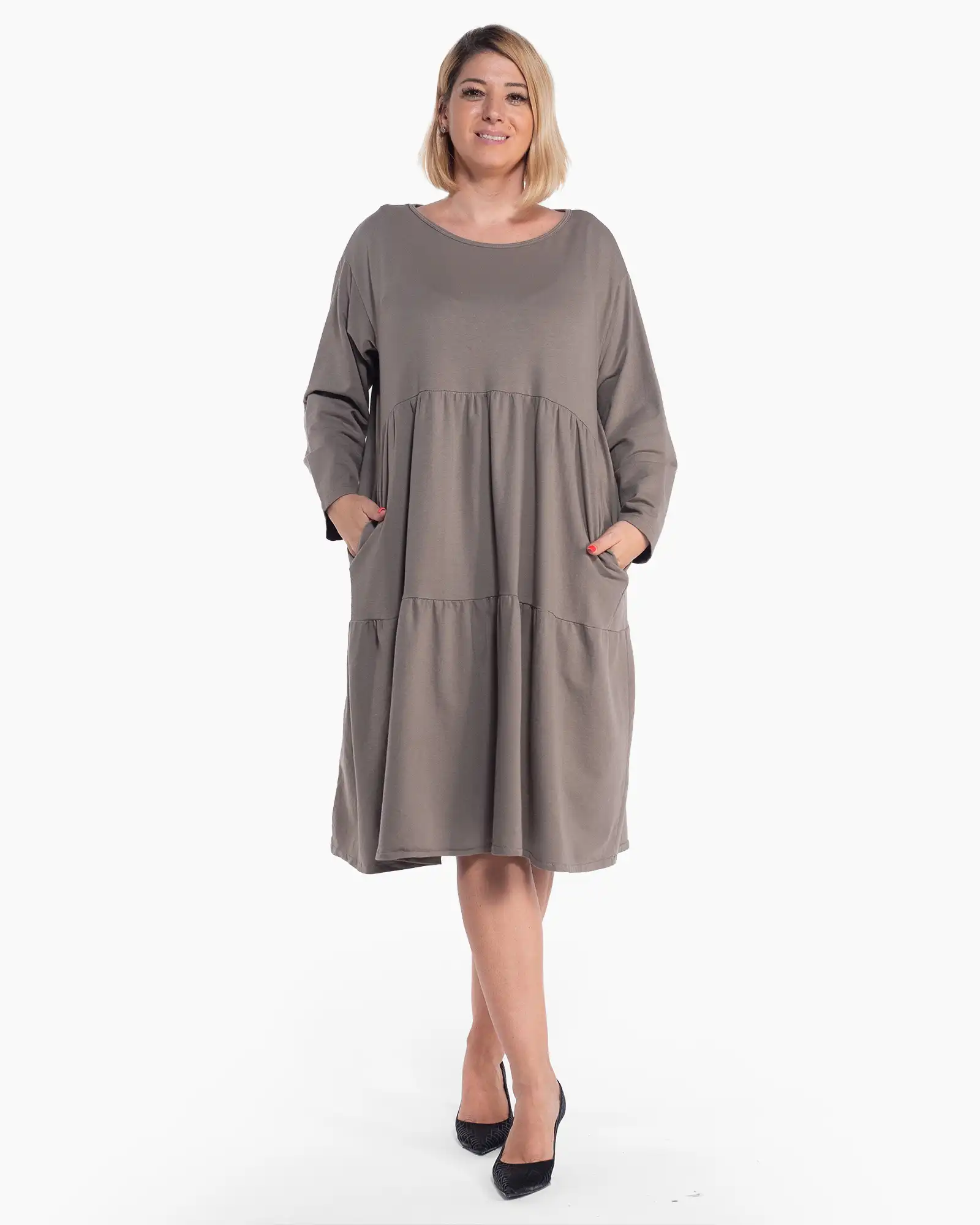 Rochii - Rochie bej-fango fluidă cu volane din bumbac