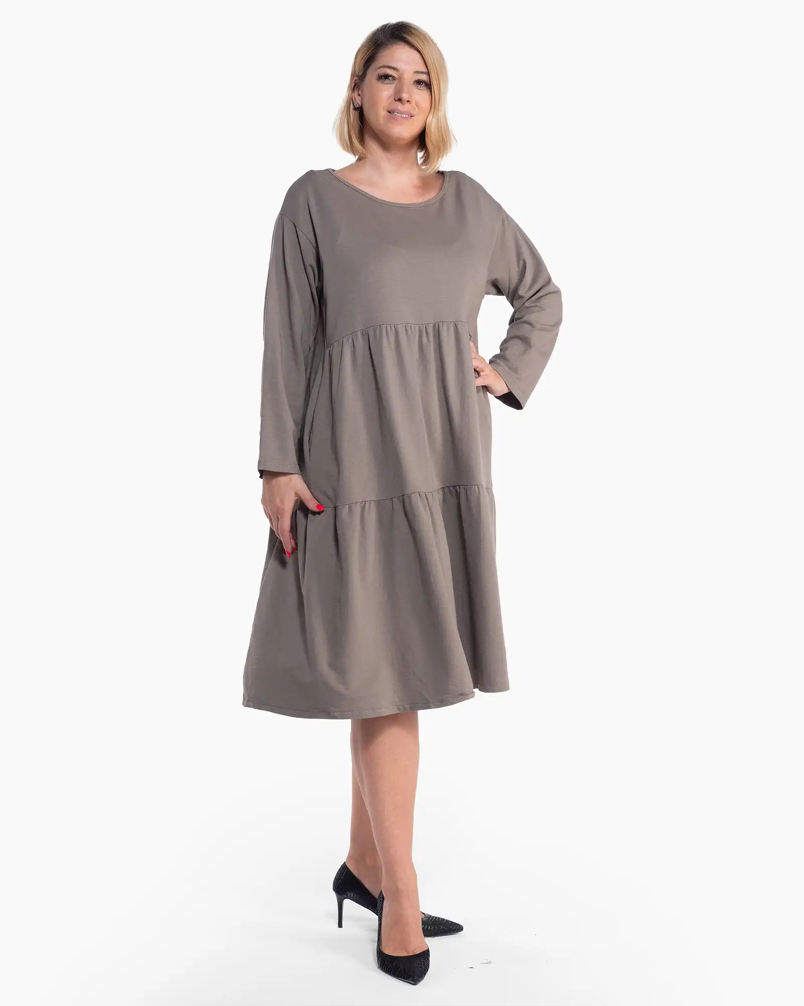Rochie bej-fango fluidă cu volane din bumbac [2]