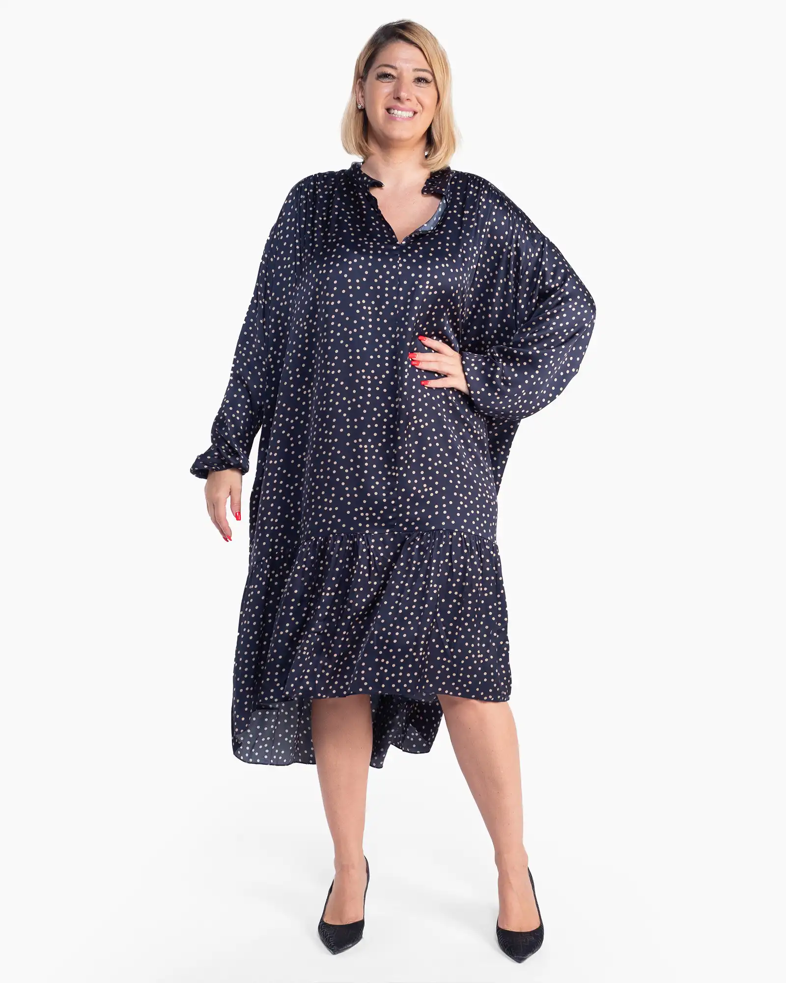 Produse noi - Rochie bleumarin fluidă cu buline și volan asimetric