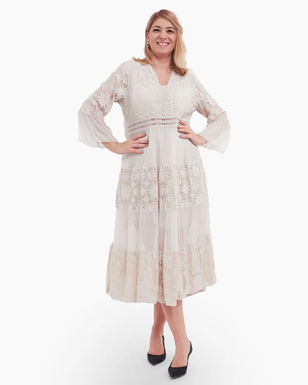 Haine damă - Rochie boema crem, cu matase si broderie