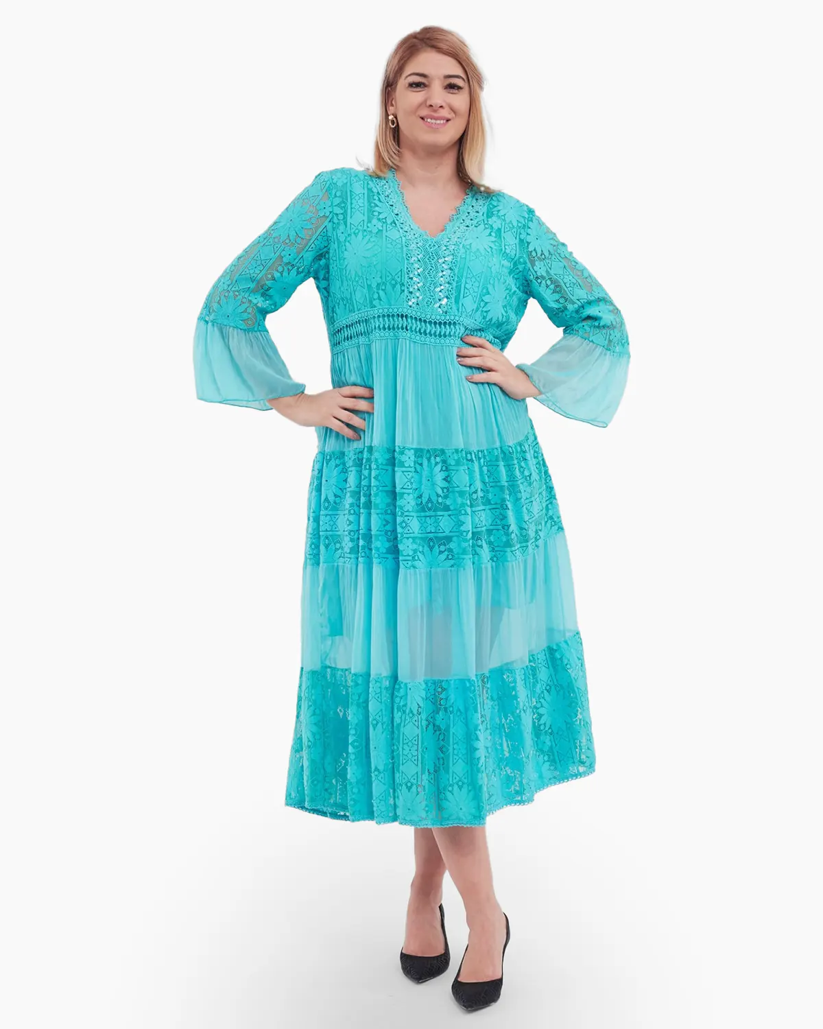 Rochii din Vâscoză - Rochie boema turcoaz, cu matase si broderie