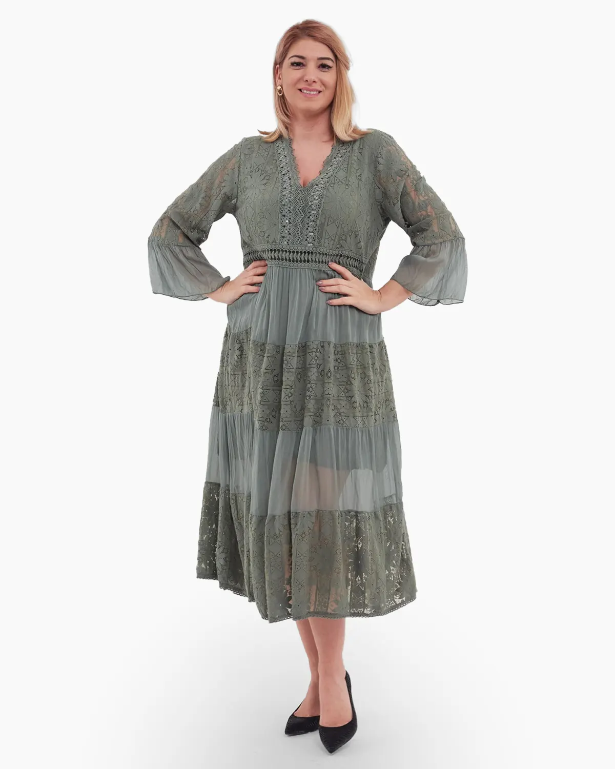 Rochii din Vâscoză - Rochie boema verde cenusiu, cu matase si broderie
