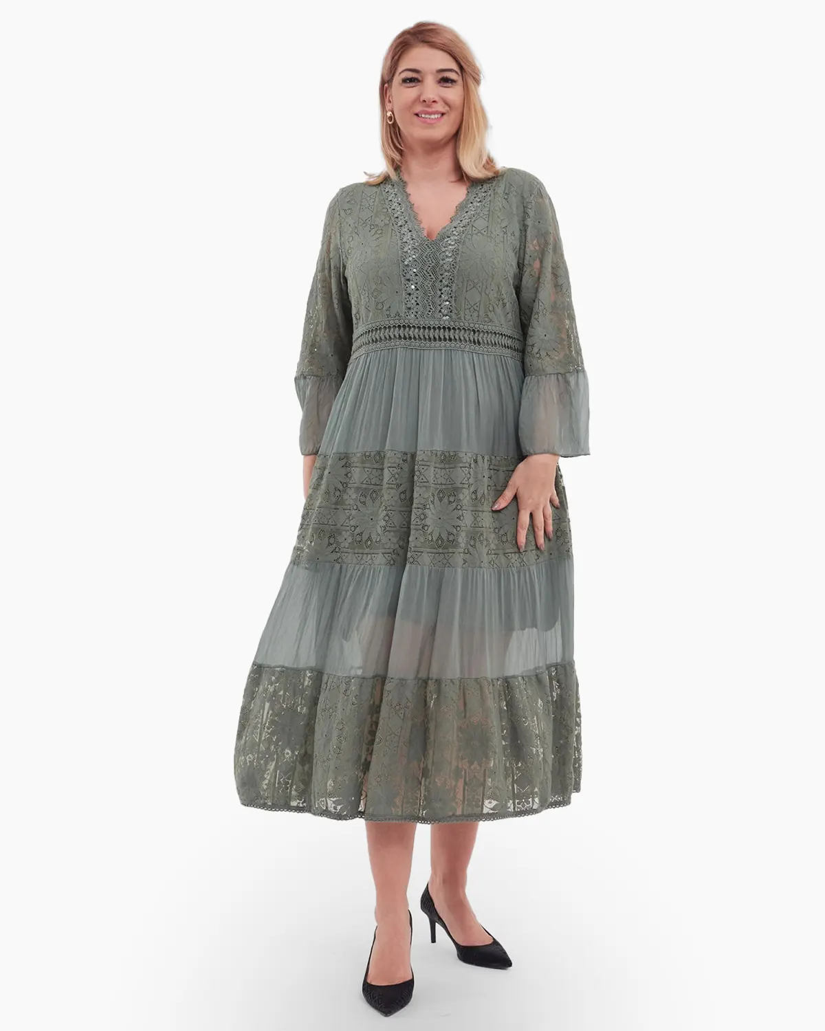 Rochie boema verde cenusiu, cu matase si broderie [1]
