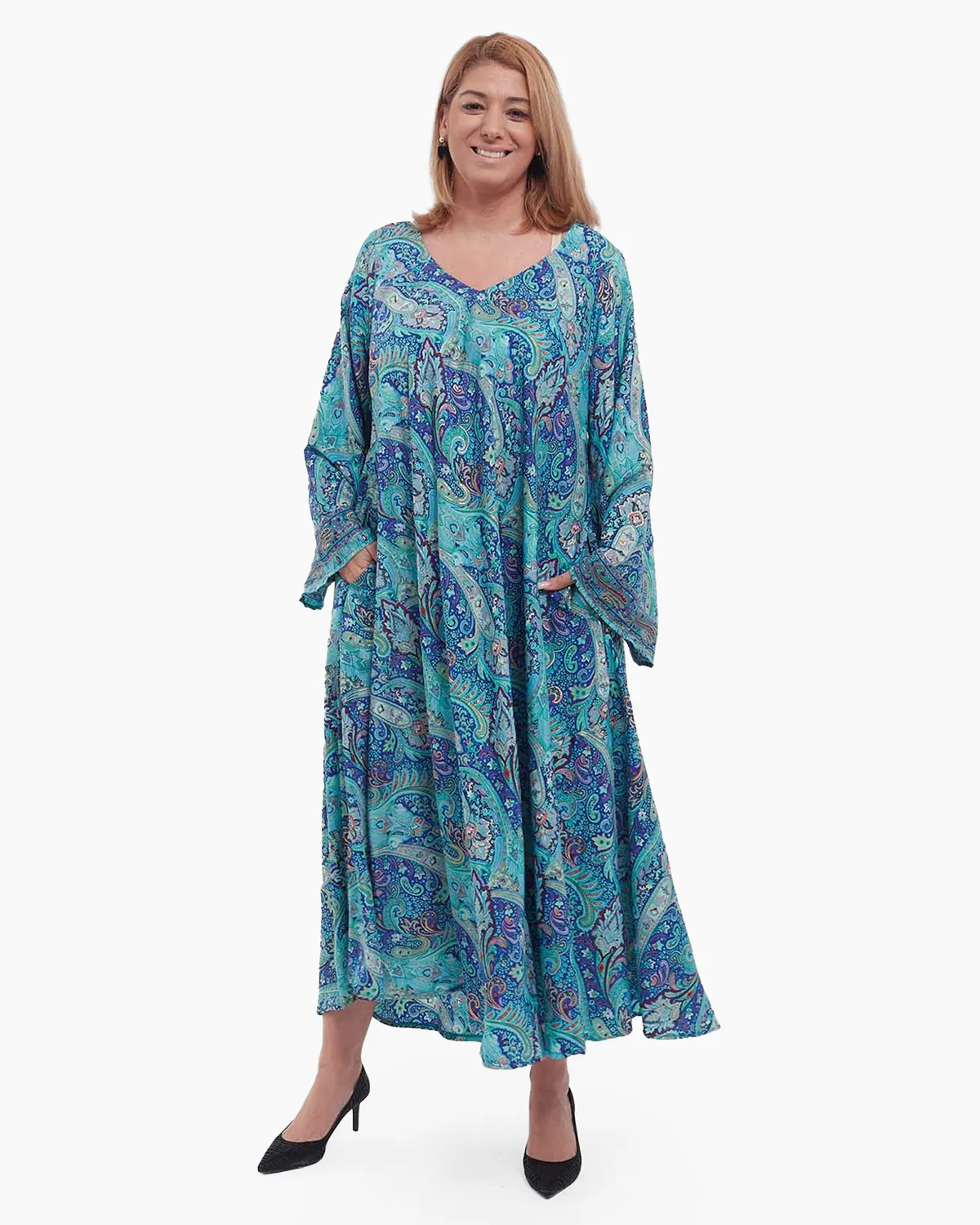 Rochii din Mătase - Rochie boho albastră de mătase maxi cu imprimeu floral