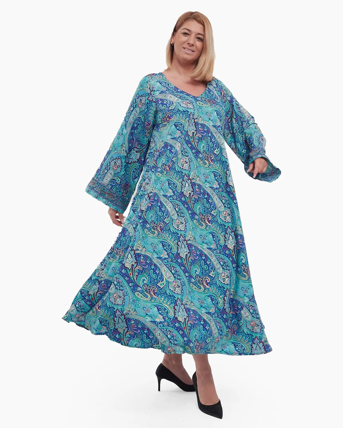Rochie boho albastră de mătase maxi cu imprimeu floral [2]