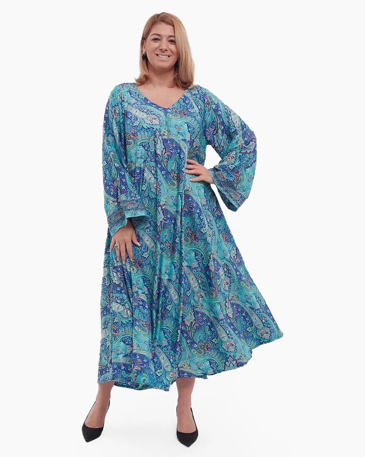 Rochie boho albastră de mătase maxi cu imprimeu floral [3]