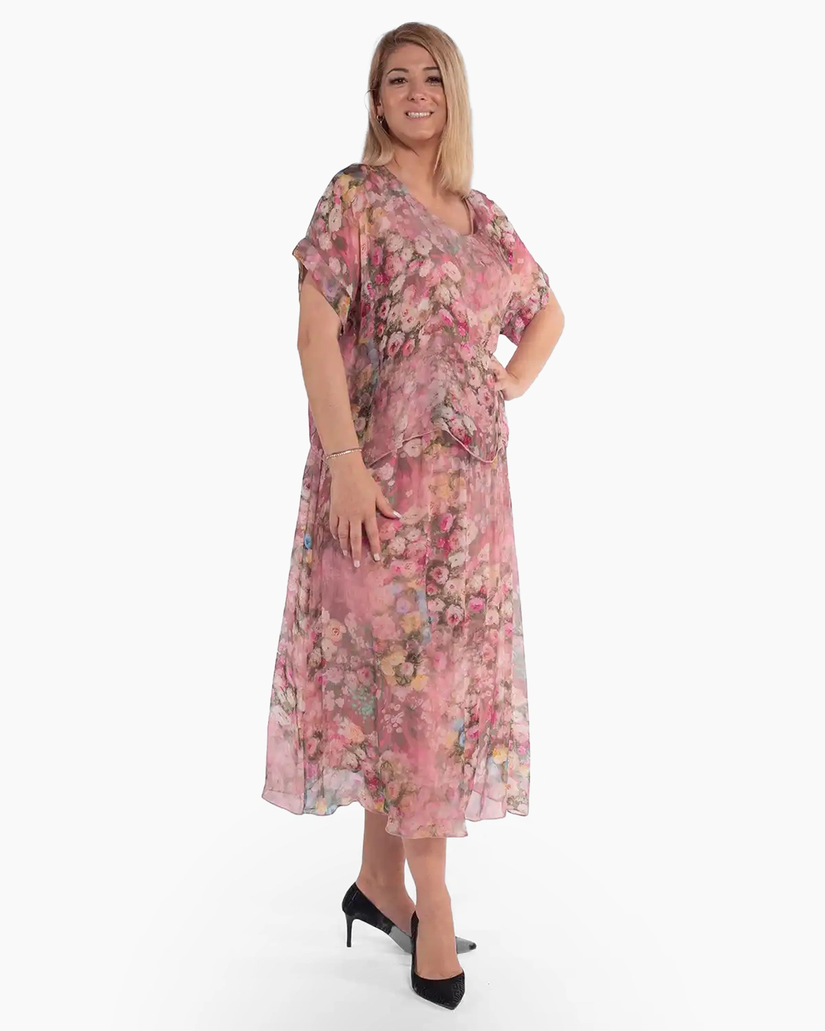 Rochie boho din vâscoză roz pudrat cu imprimeu floral [3]