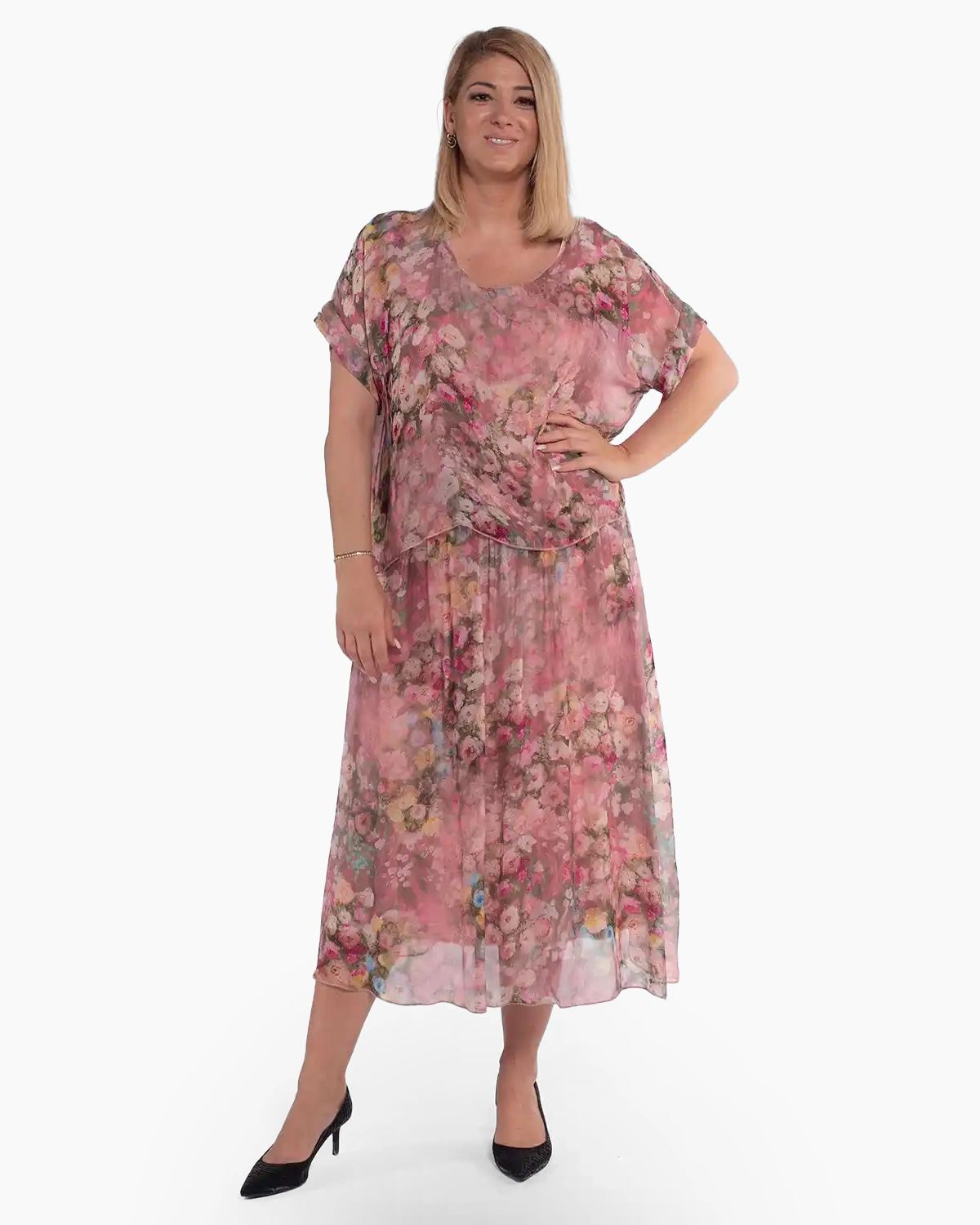 Rochii - Rochie boho din vâscoză roz pudrat cu imprimeu floral