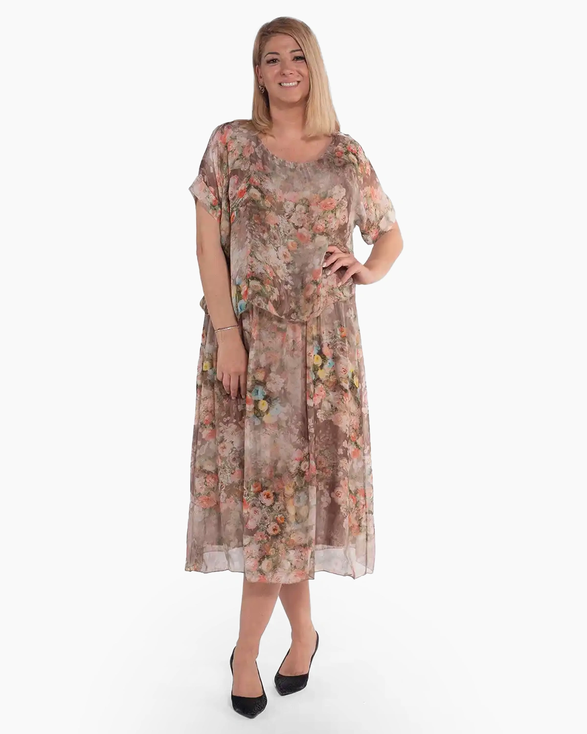 Rochii - Rochie boho lejeră din vâscoză bej-fango cu imprimeu floral