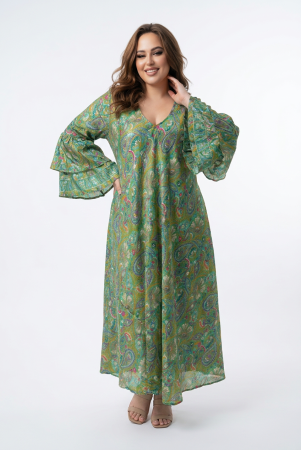 Nou pe Magdy - Rochie boho maxi verde din mătase cu imprimeu arabesque