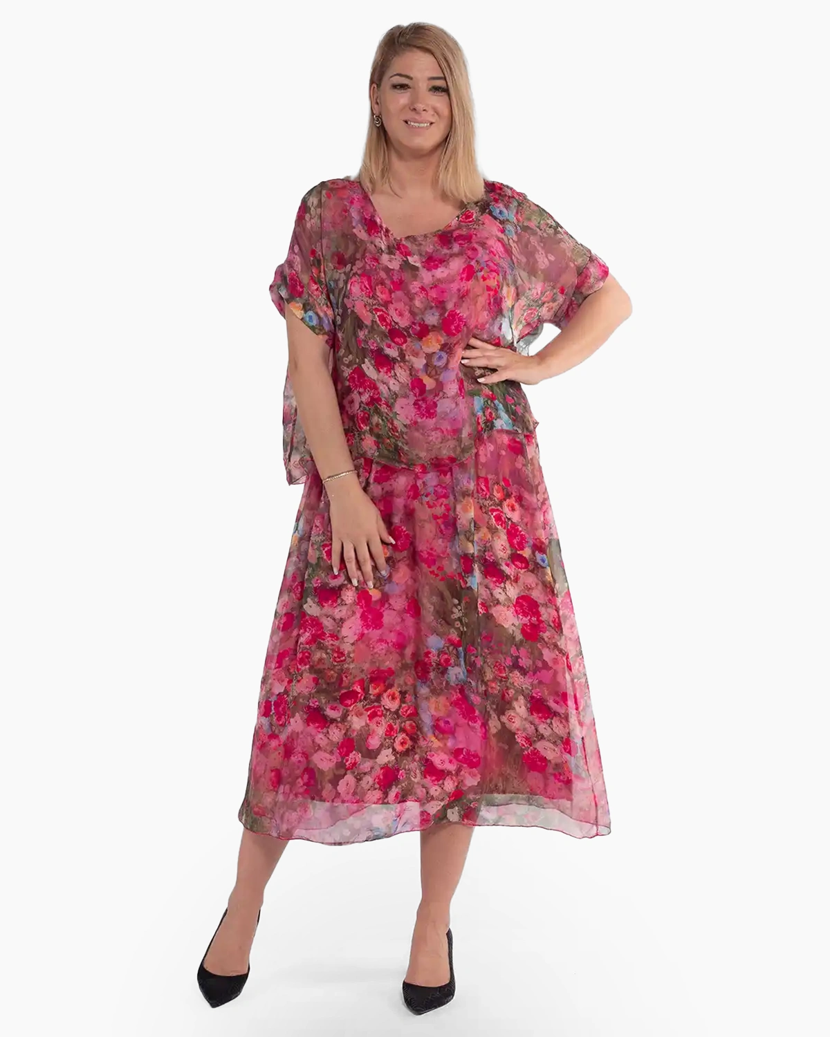 Haine damă - Rochie boho midi fucsia cu imprimeu floral