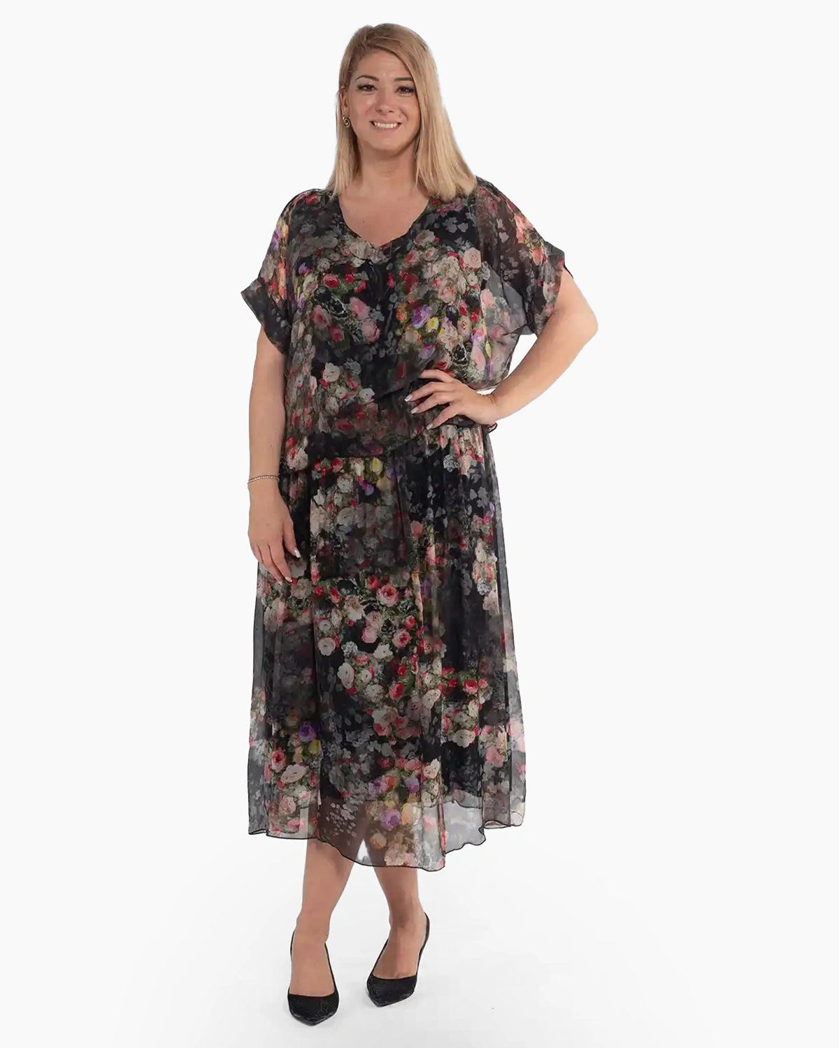 Rochii din Vâscoză - Rochie boho neagră midi cu imprimeu floral din vâscoză